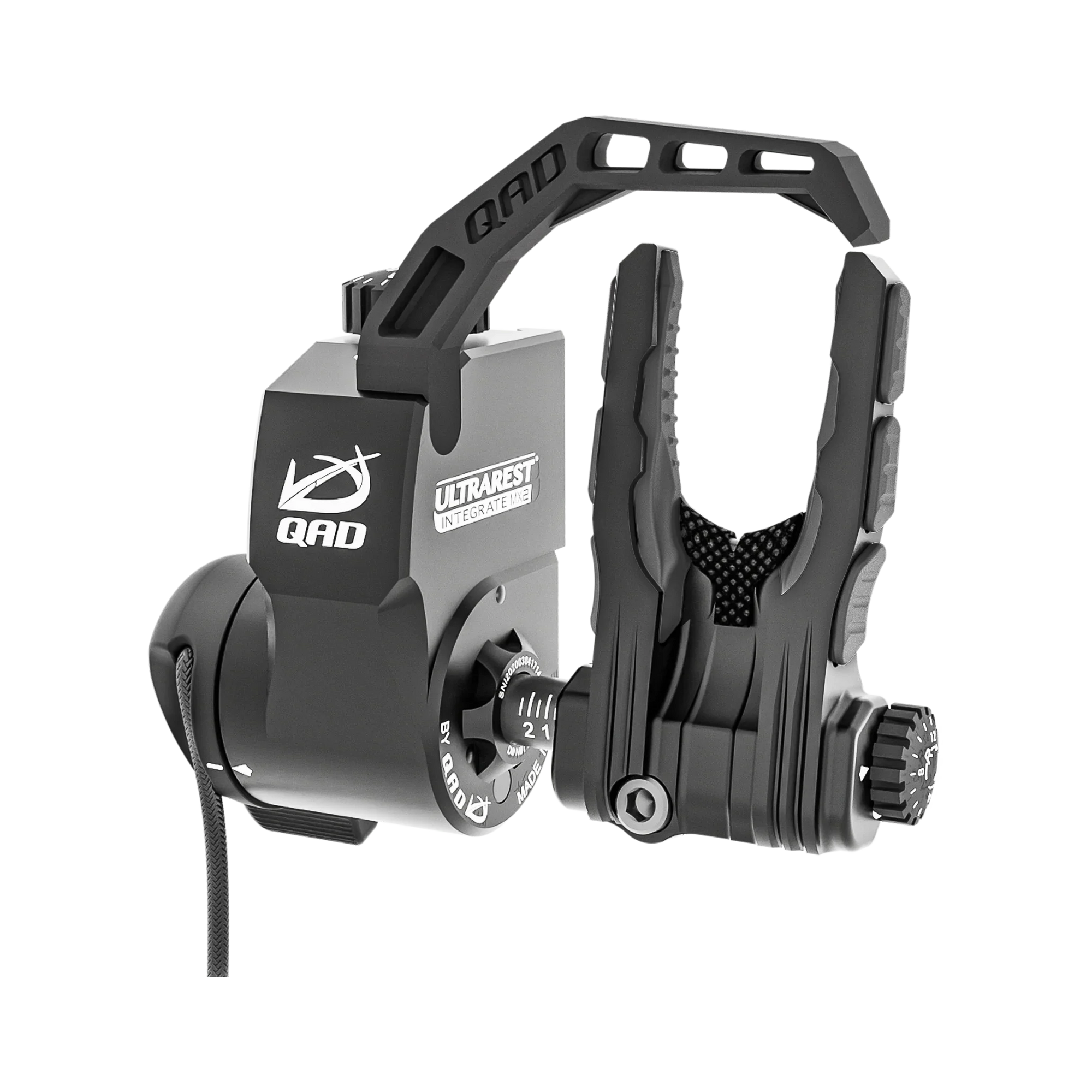 QAD Ultrarest Integrate MX2 black arrow rest for compound bows on white background