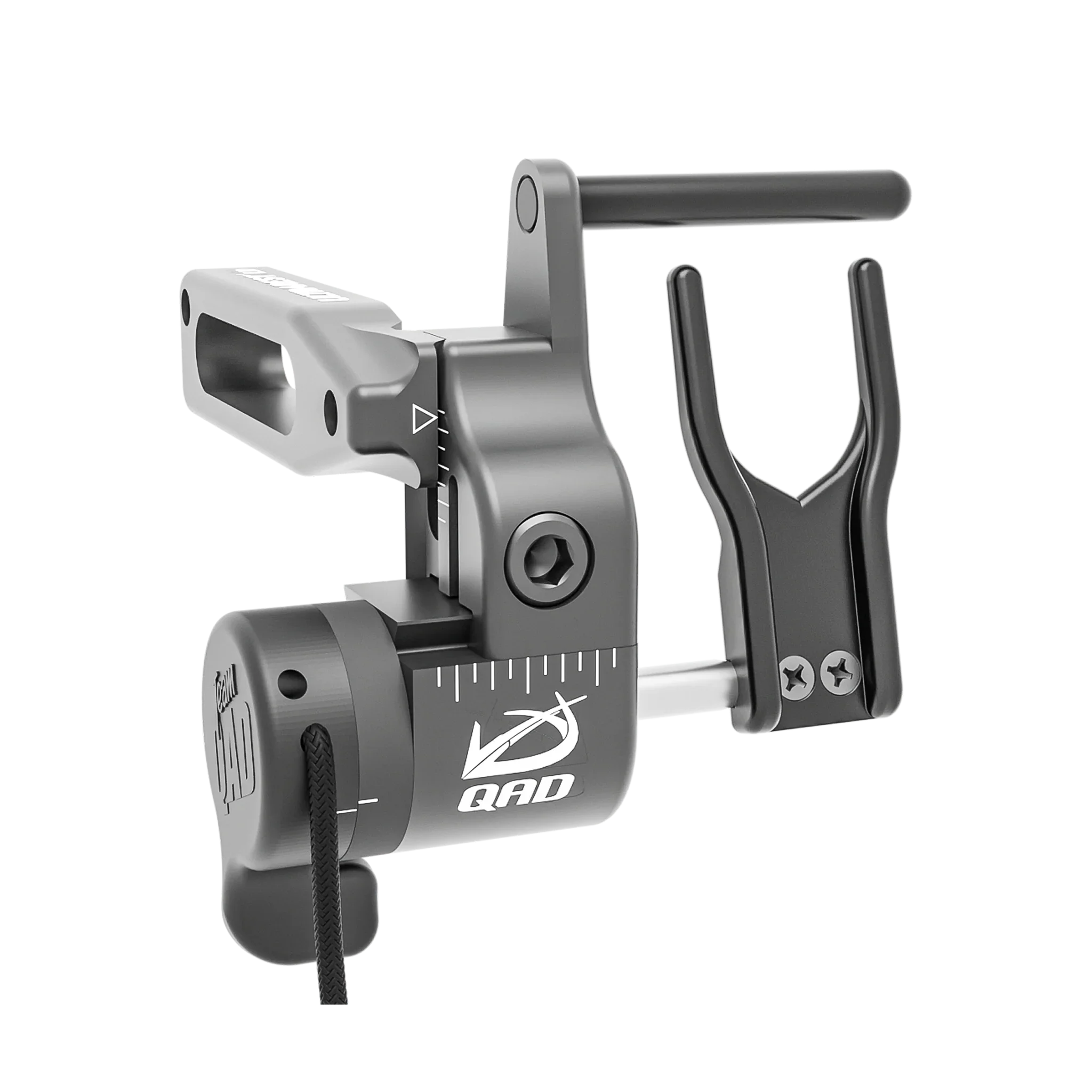 QAD arrow rest drop away archery accessory in matte gray with adjustment markings