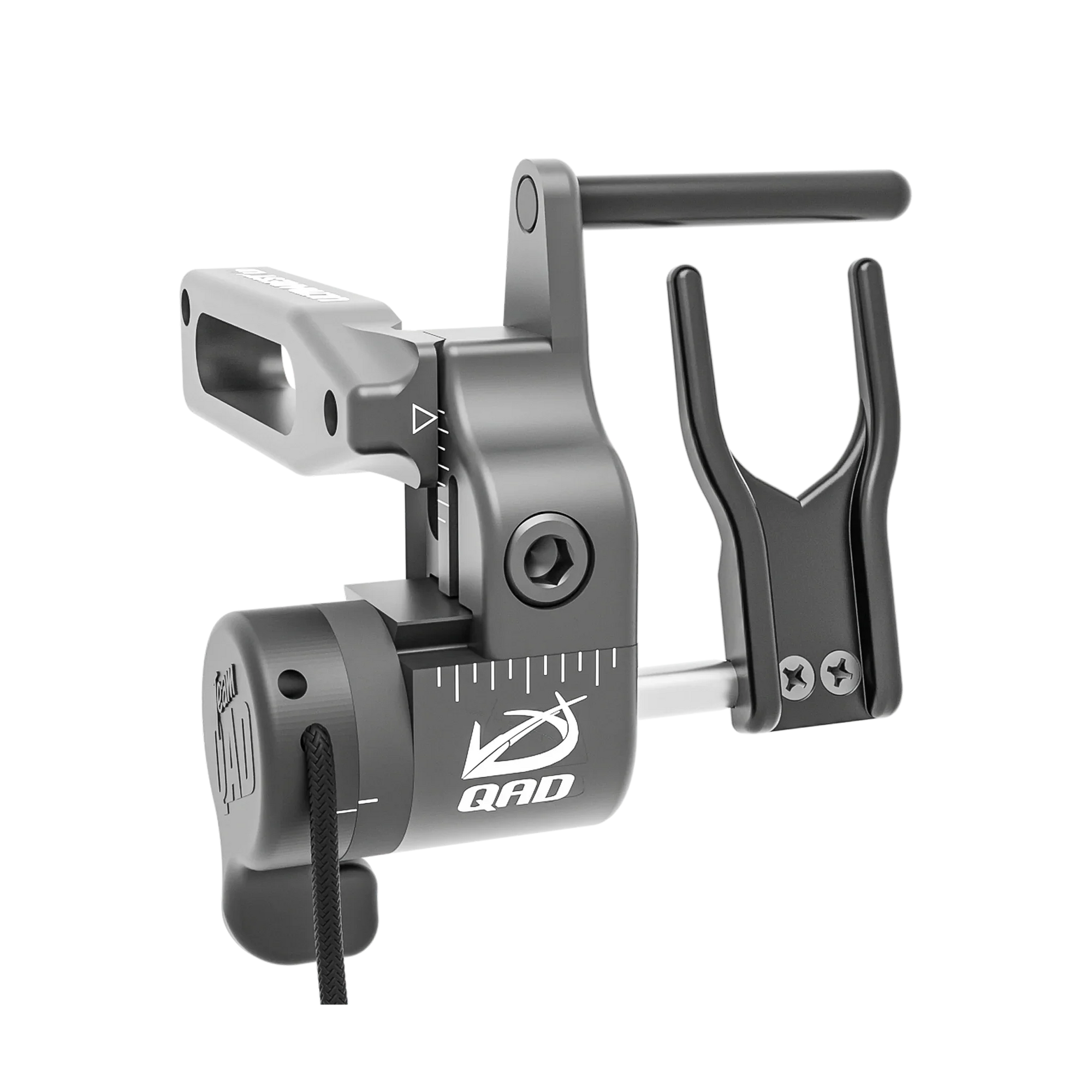 QAD arrow rest drop away archery accessory in matte gray with adjustment markings