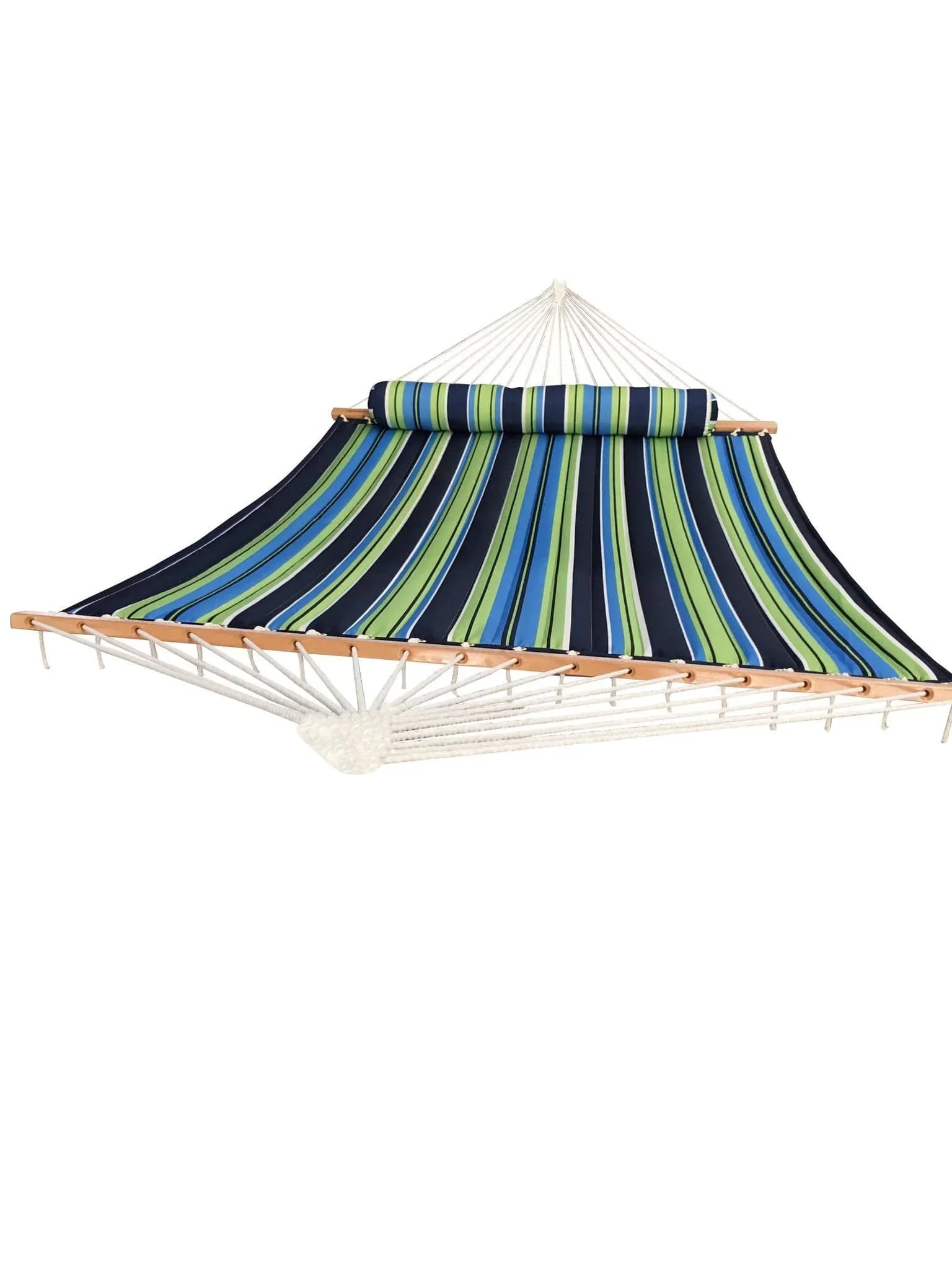 Quilted blue striped hammock with wooden spreader bars and pillow, isolated on white background