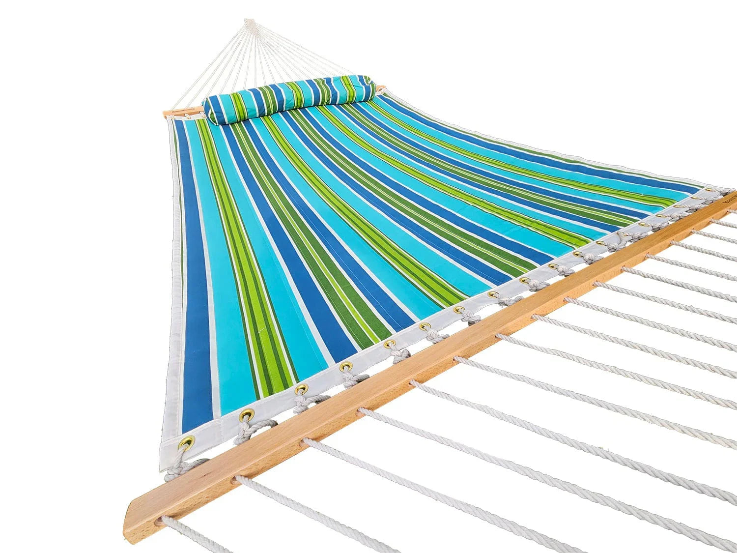 Blue and green striped hammock with pillow on white background