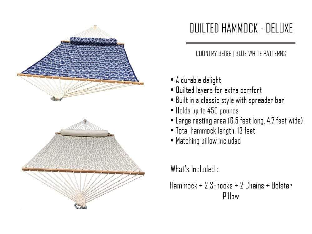 Deluxe quilted hammock in beige and blue with pillows, spreader bars, and chain attachments.