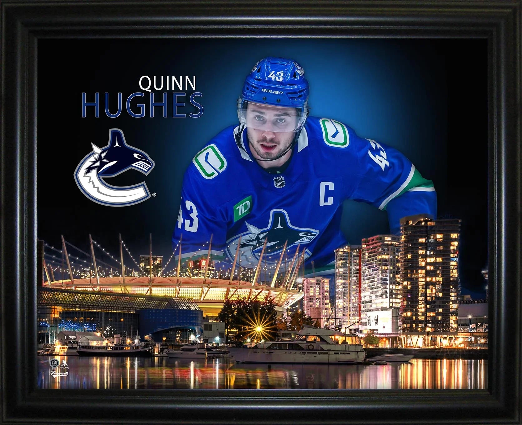 Vancouver Canucks hockey player in blue jersey, city skyline and arena at night, framed art