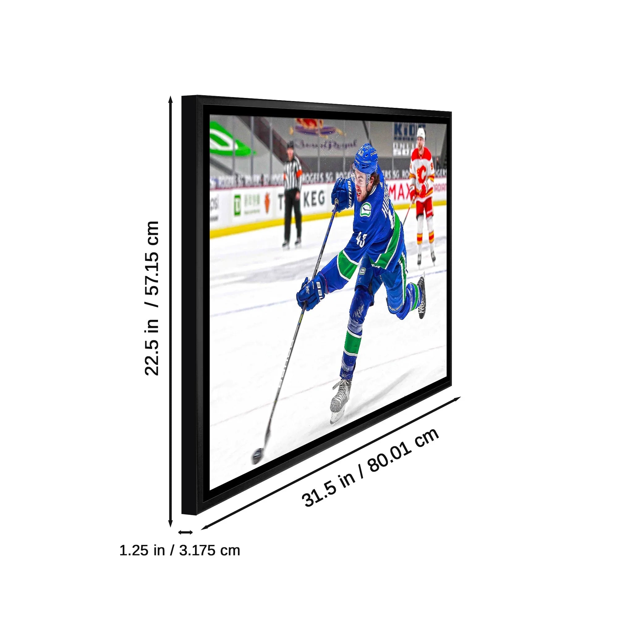 Framed hockey wall art print with player in blue jersey, game action, and dimensions labeled