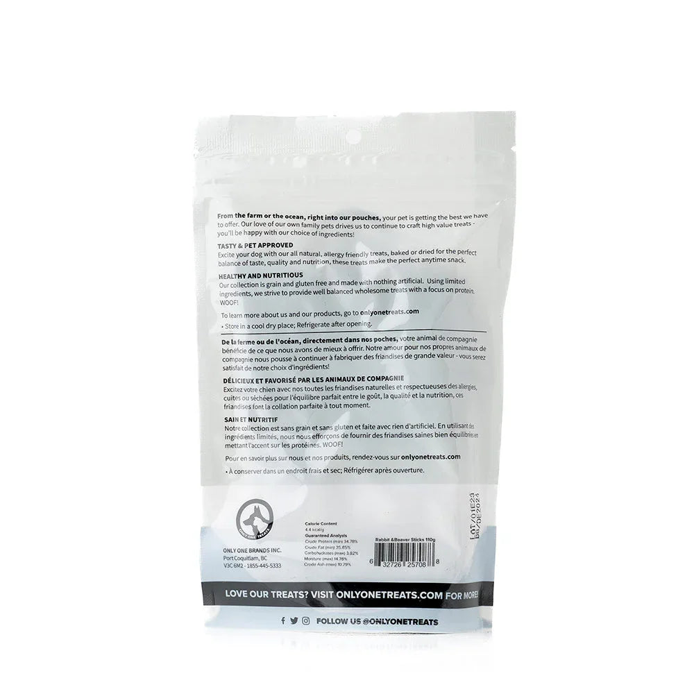 Back of Only One Treats Rabbit Beaver Sticks 110g pet treat bag with product info and branding