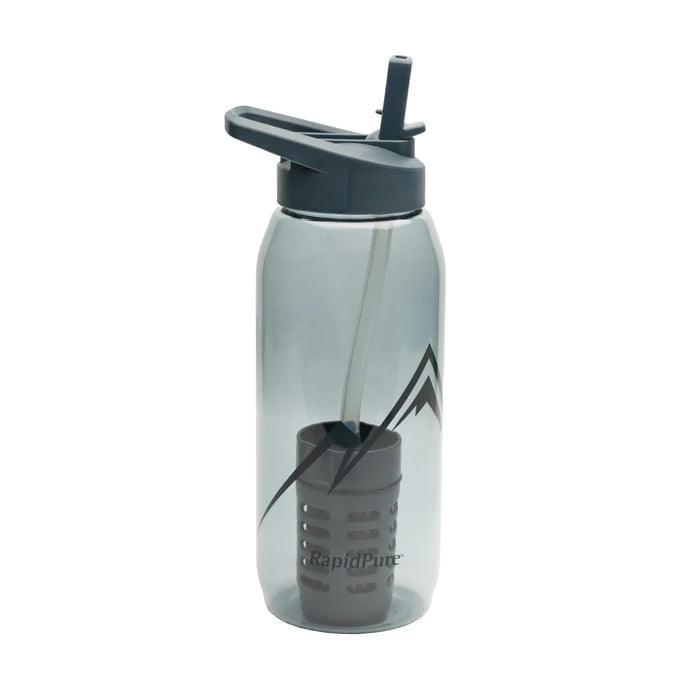 RapidPure water purifier plastic bottle with straw and mountain design on clear background