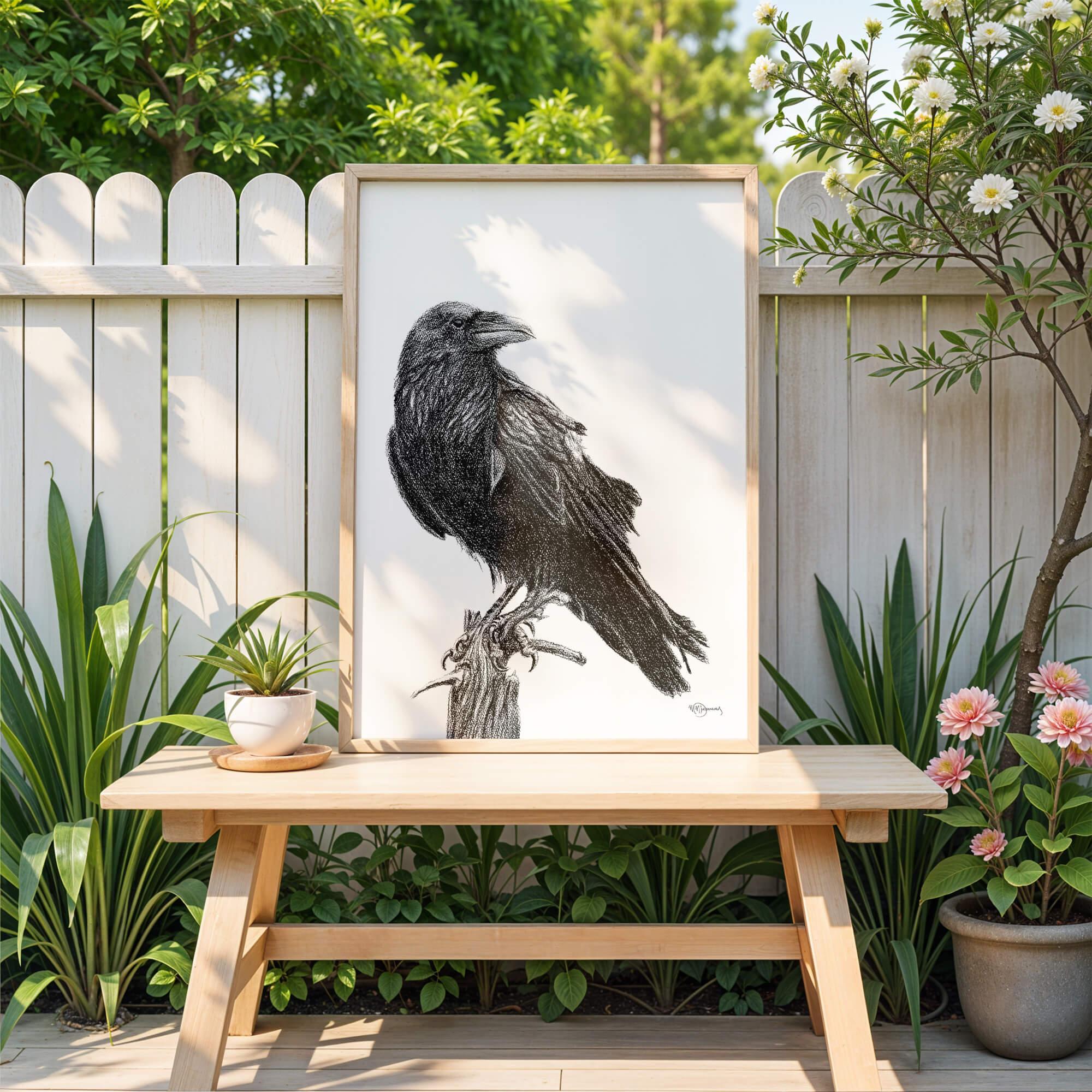 Raven illustration art in wooden frame on garden bench with plants and flowers