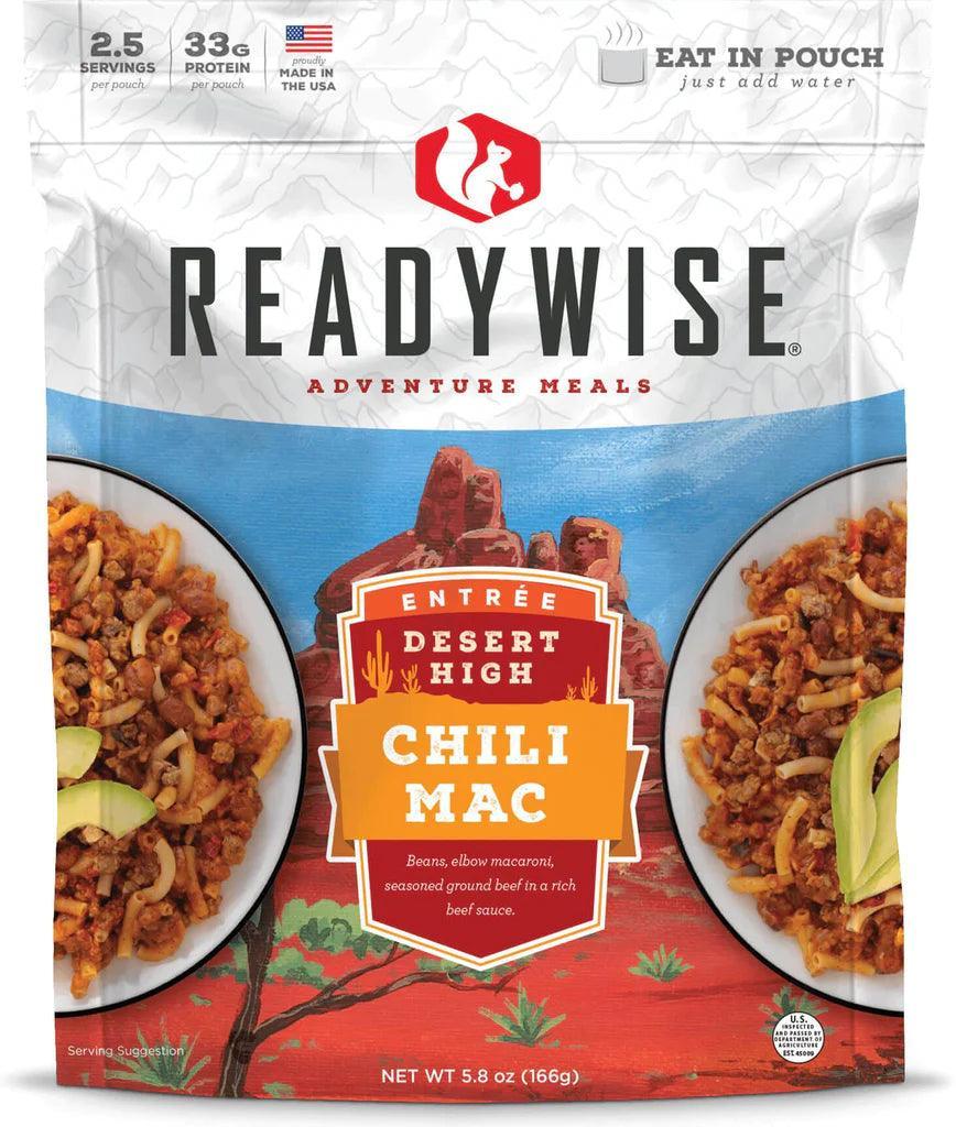 ReadyWise Desert High Chili Mac Adventure Meals pouch with chili mac plates, red rock background