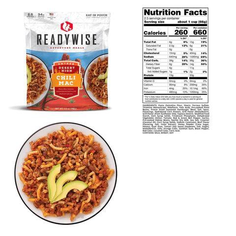 ReadyWise Chili Mac with Beef pouch, bowl of chili mac topped with avocado, nutrition facts label