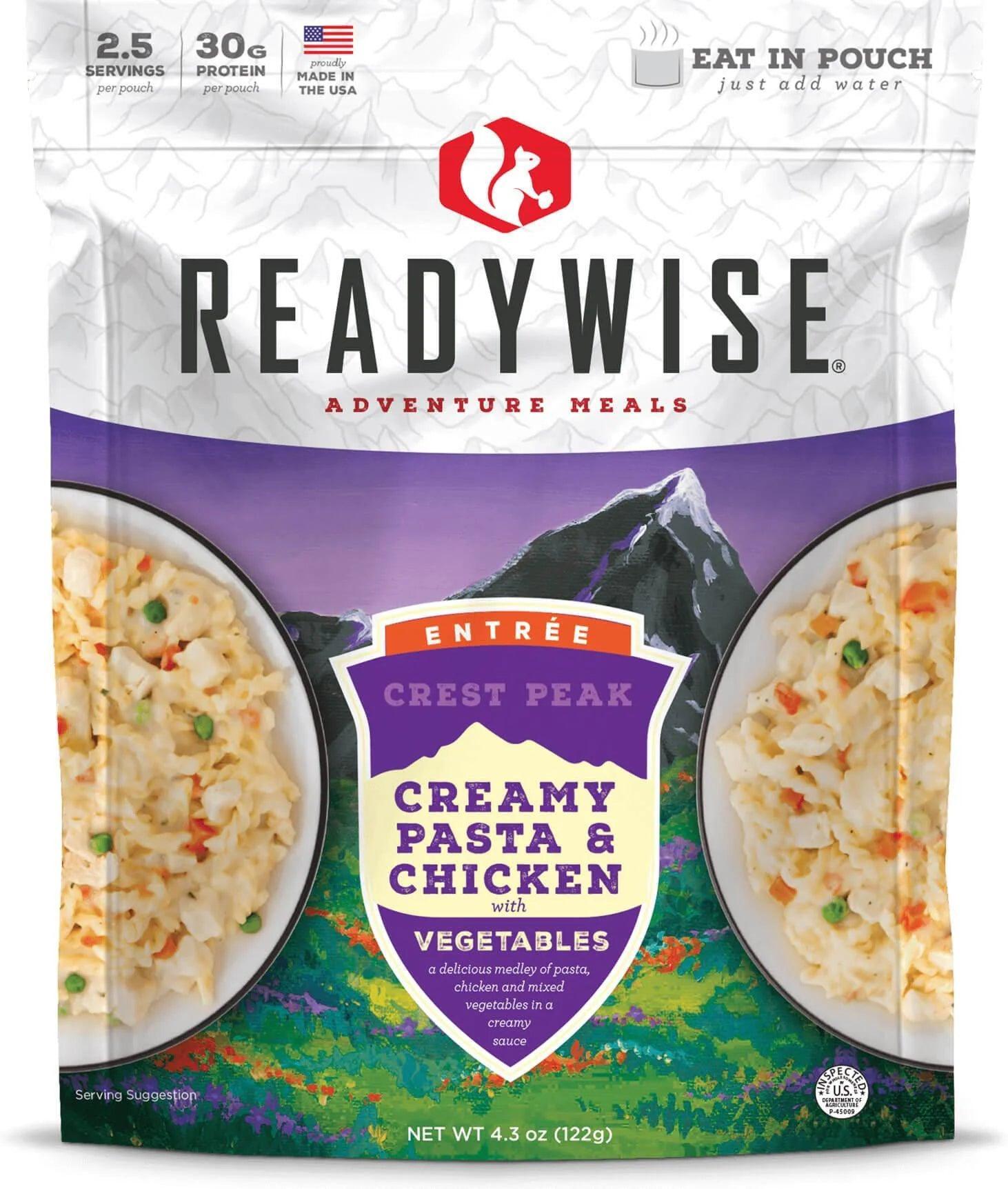 ReadyWise Creamy Pasta and Chicken with Vegetables pouch, adventure meal packaging, outdoor food