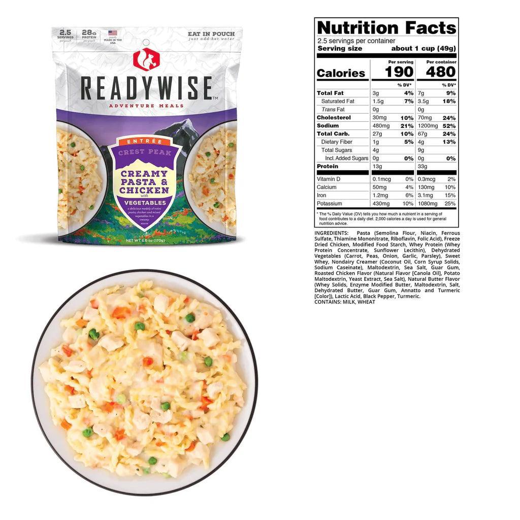 ReadyWise Creamy Pasta and Chicken package with a bowl of pasta, nutrition facts, and ingredients list.