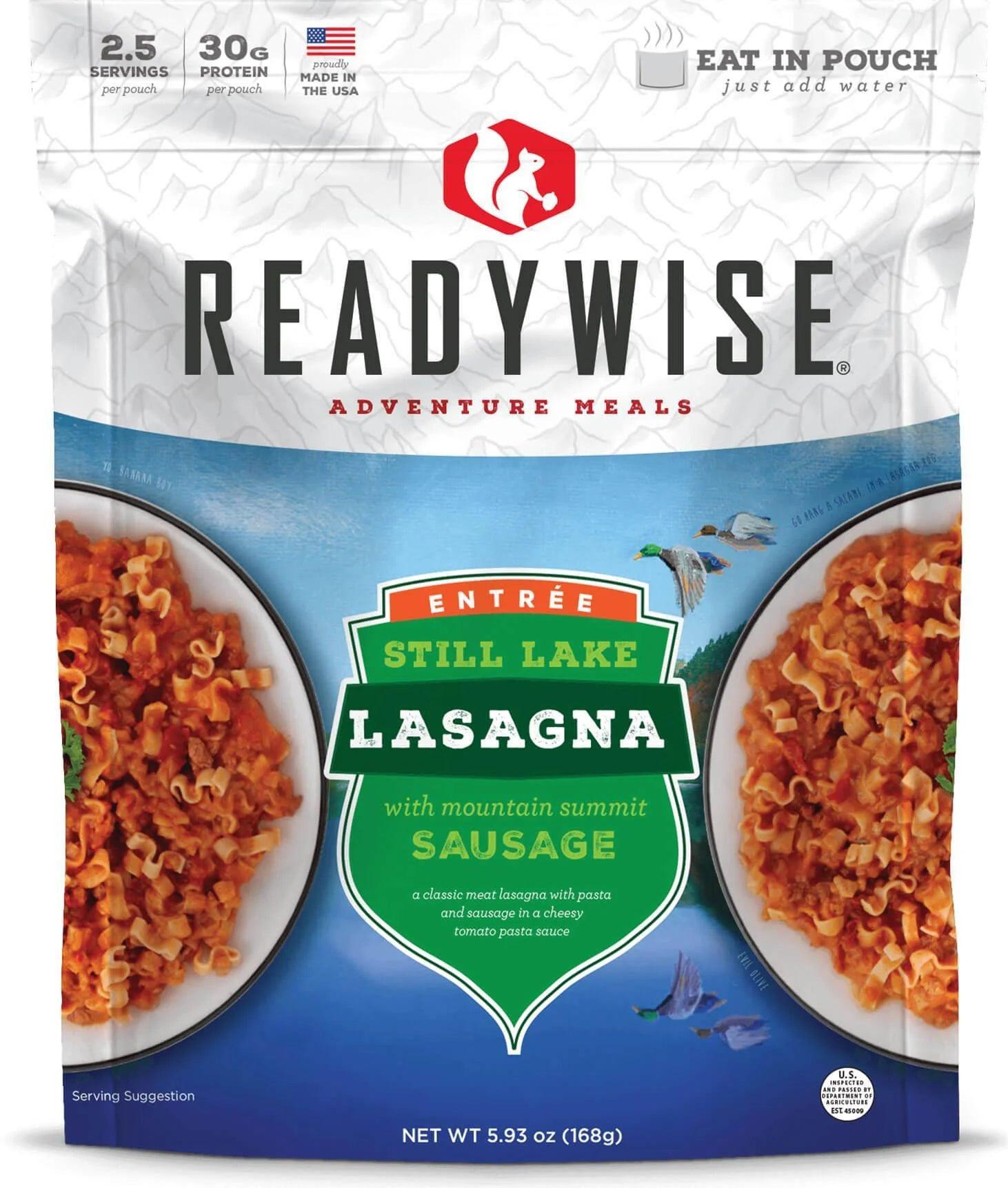 ReadyWise Still Lake Lasagna with Sausage freeze-dried meal pouch front view