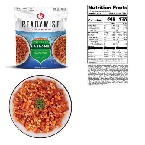 ReadyWise Still Lake Lasagna with Sausage meal pouch, plated lasagna, and nutrition facts label