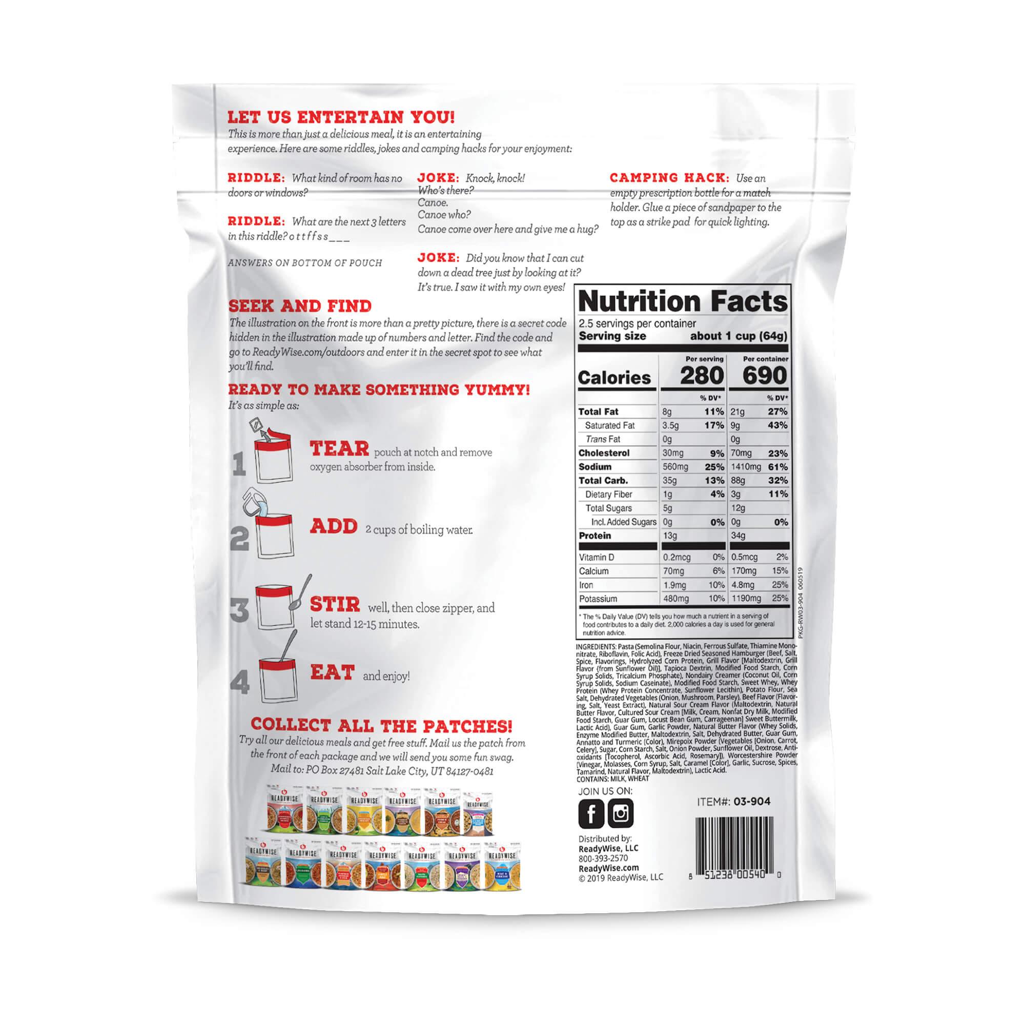 Back of packaged beef noodles meal, showing nutrition facts, cooking instructions, and colorful ReadyWise branding.