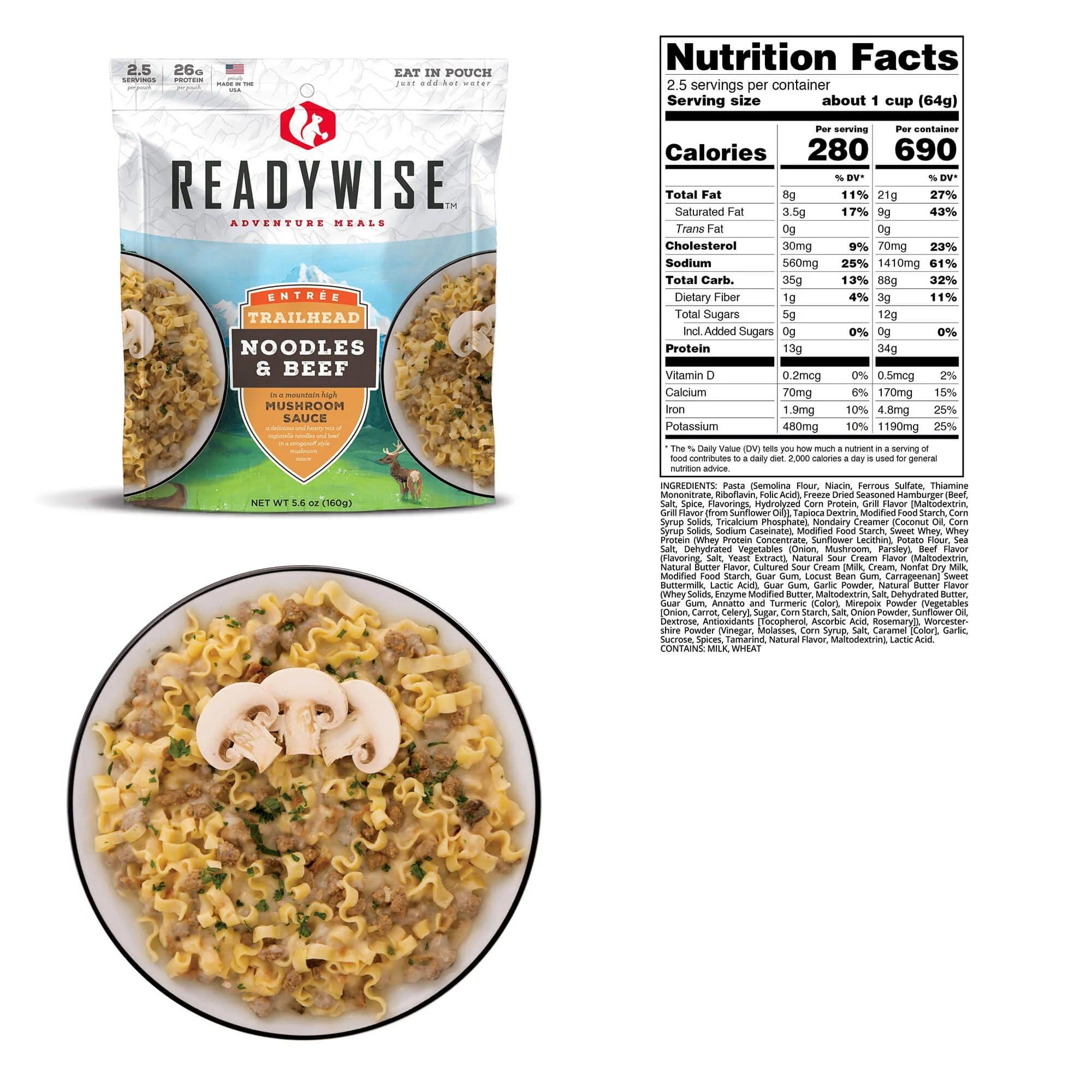 ReadyWise Noodles & Beef meal pouch, nutrition facts, and bowl of beef mushroom noodles with sliced mushrooms