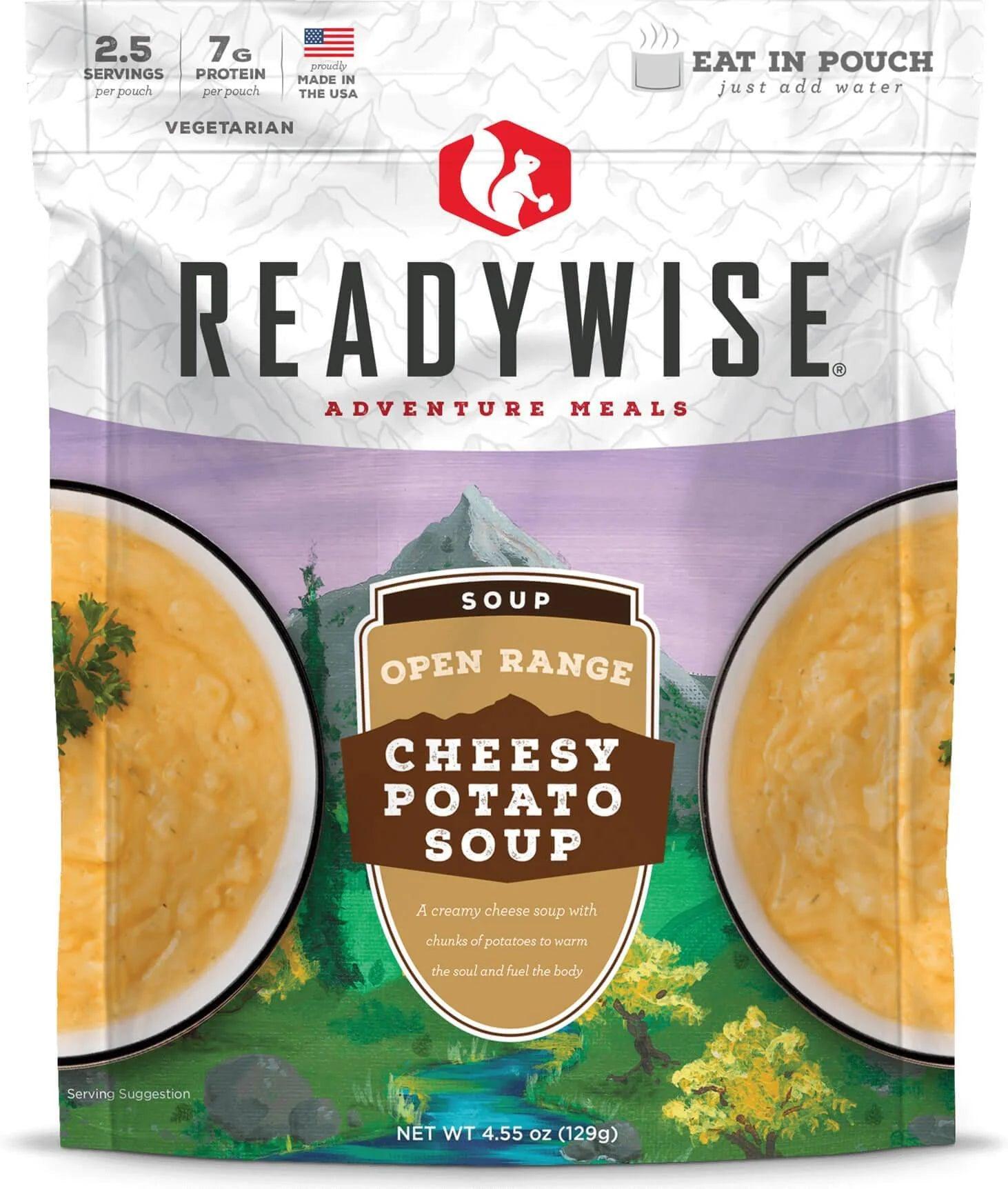 ReadyWise Open Range Cheesy Potato Soup pouch, vegetarian freeze-dried meal packaging