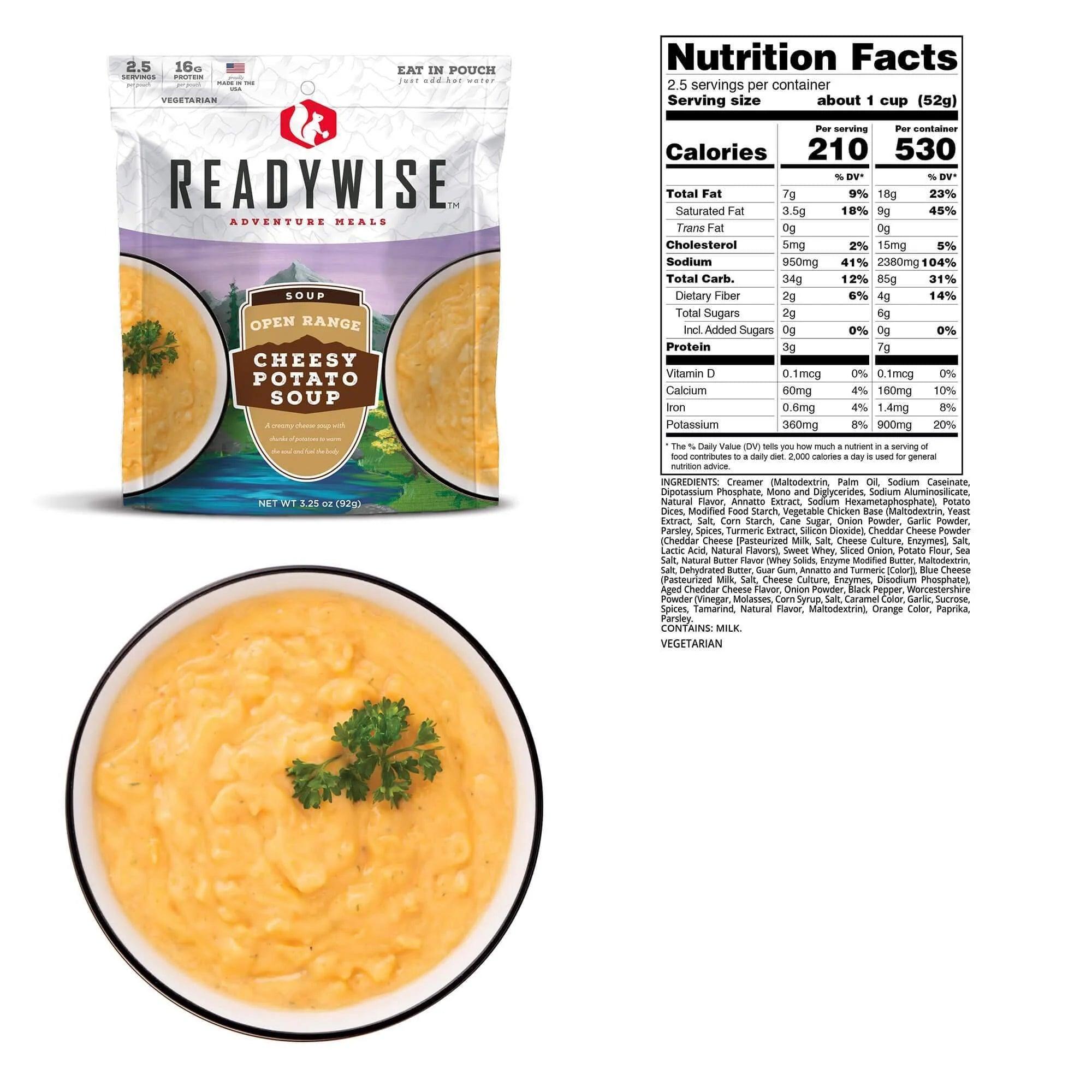 ReadyWise Open Range Cheesy Potato Soup pouch, nutrition facts, and bowl with parsley garnish