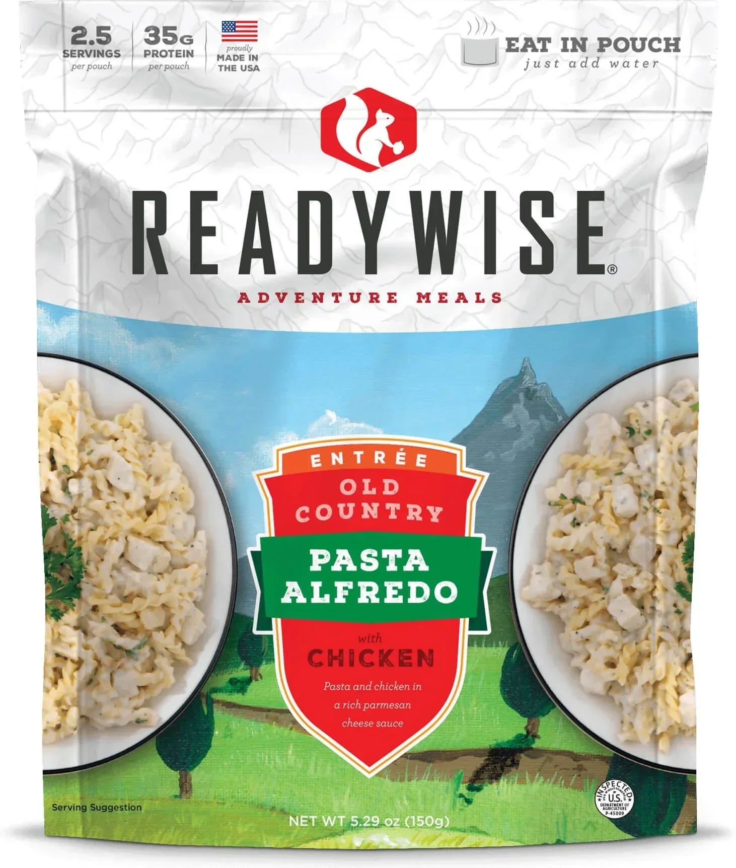 ReadyWise Old Country Pasta Alfredo with Chicken Adventure Meal pouch with plated pasta