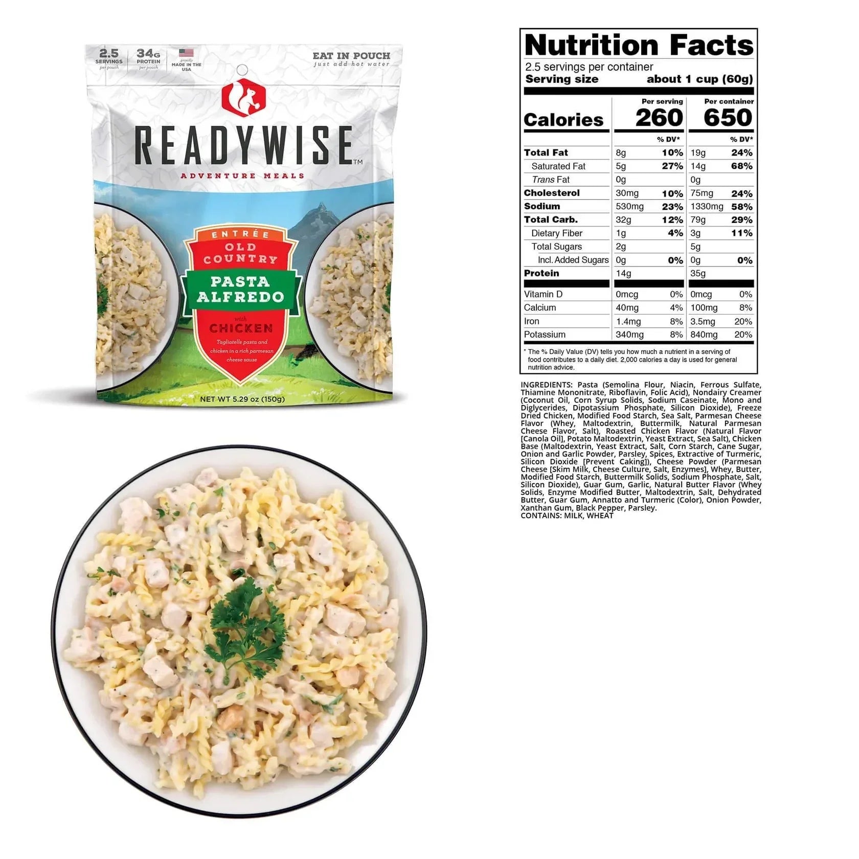 ReadyWise Old Country Pasta Alfredo with Chicken in pouch, plated meal, and nutrition facts