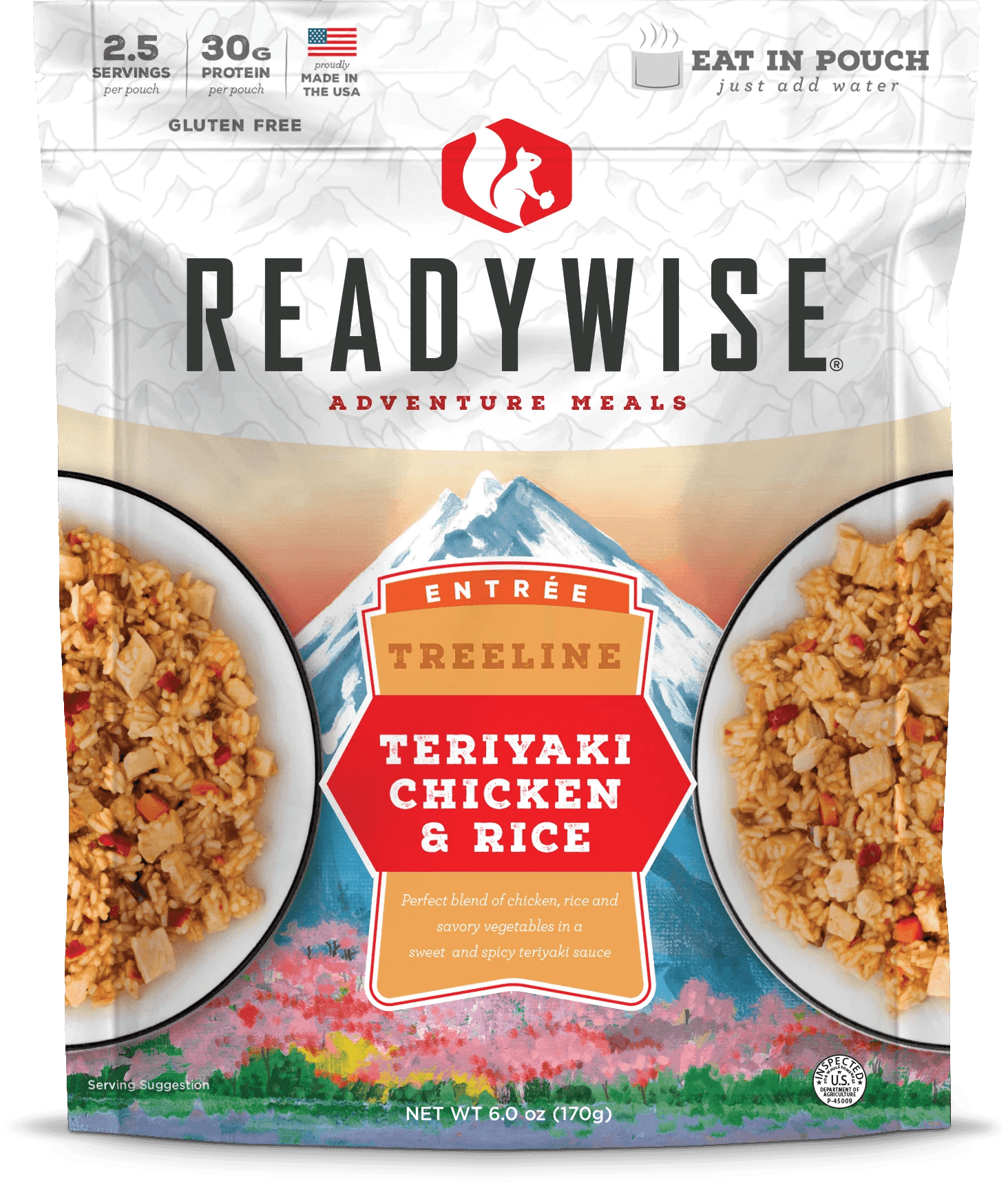 ReadyWise Treeline Teriyaki Chicken & Rice adventure meal pouch with mountain graphic
