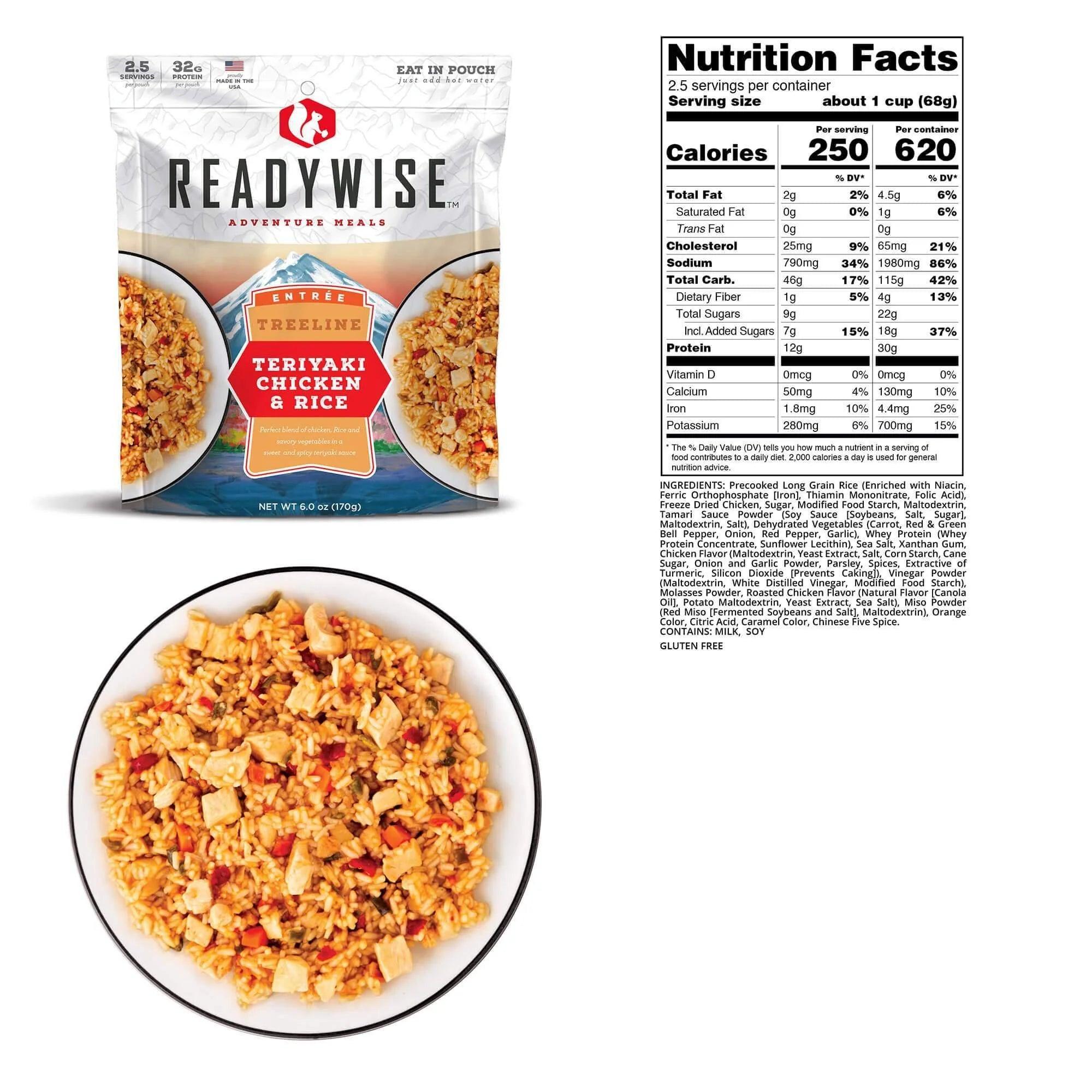 ReadyWise Treeline Teriyaki Chicken and Rice pouch, bowl of entree, and nutrition facts label.