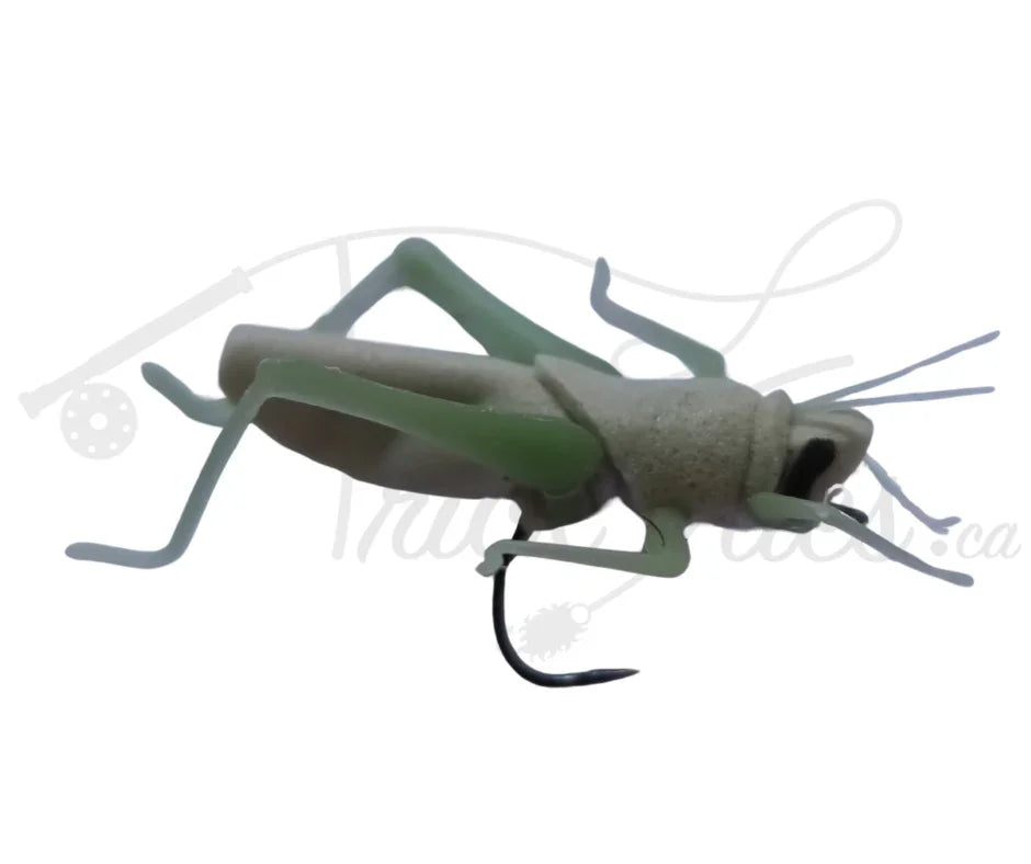 Realistic olive green grasshopper fishing fly lure with detailed legs and hook on white background