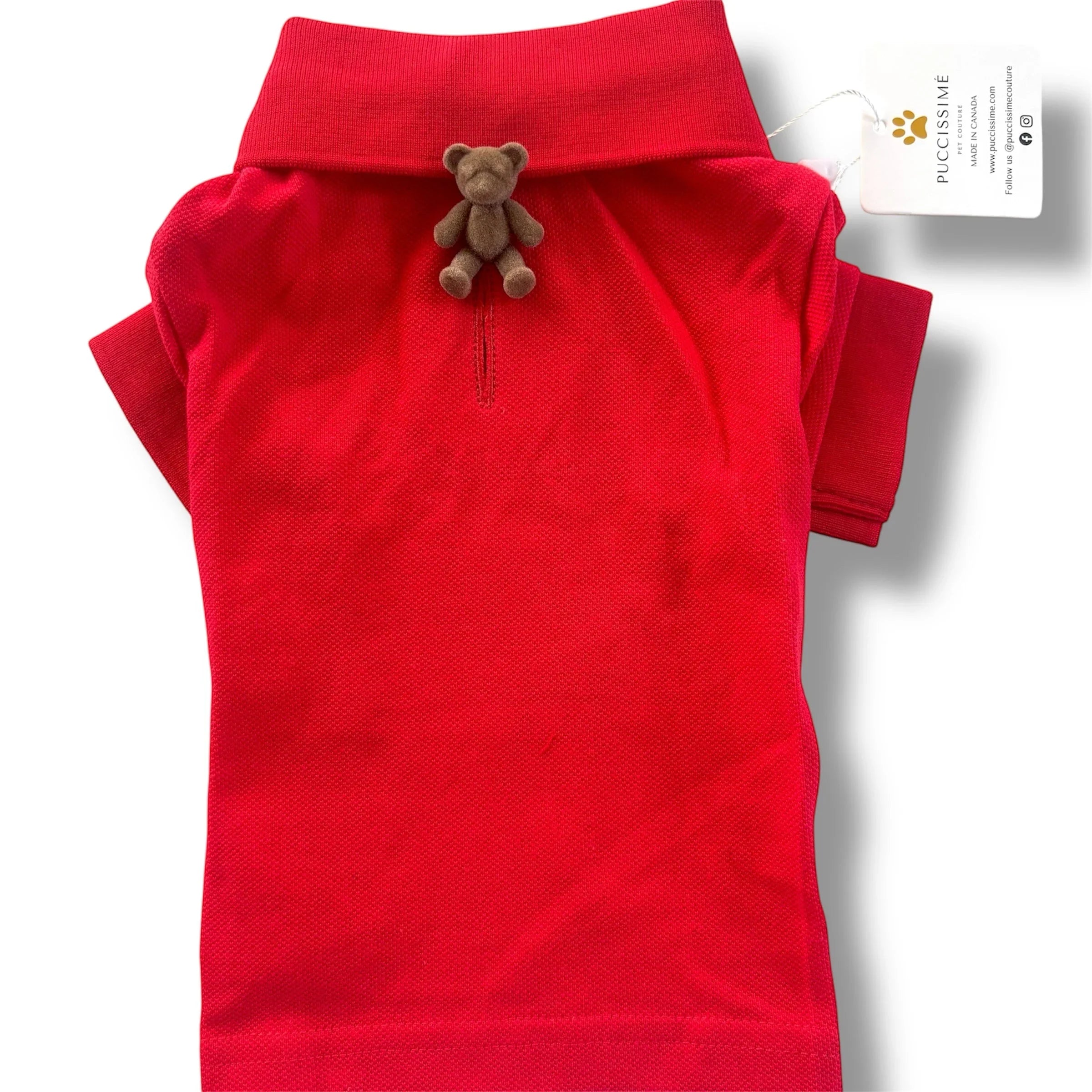 Red dog polo shirt with brown teddy bear charm and Puccissime brand tag