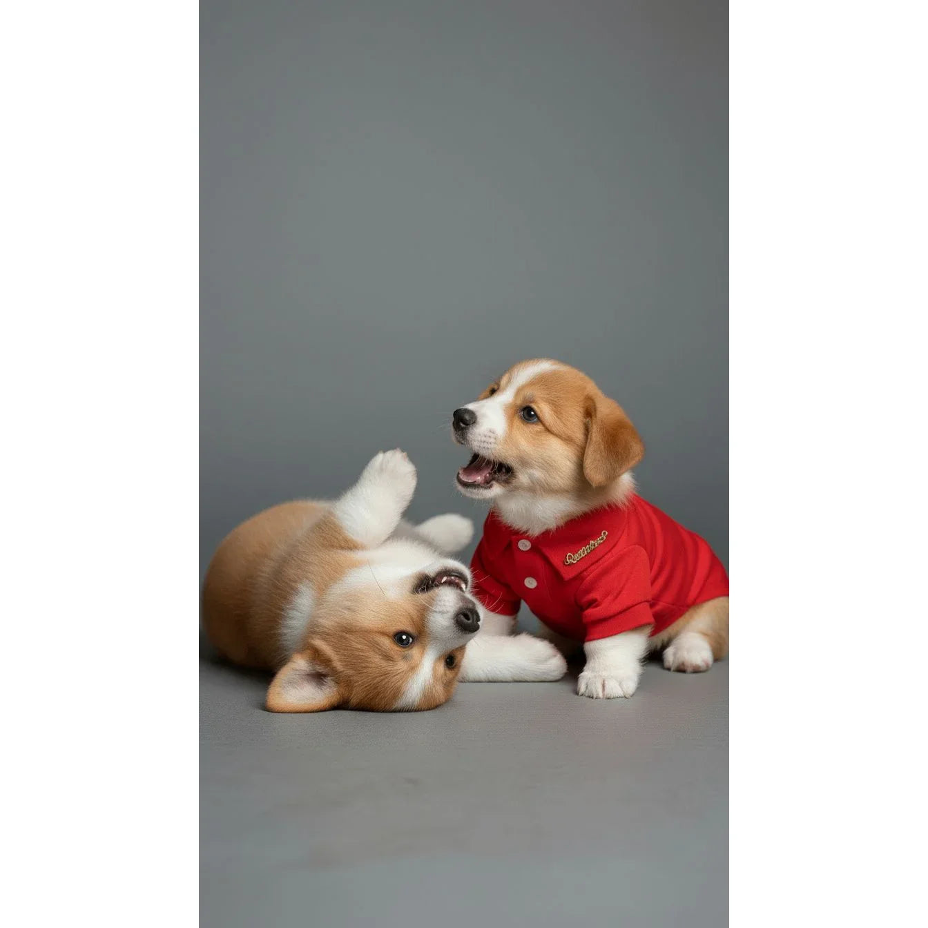 Two playful Corgi puppies, one wearing a red shirt, on a gray studio background