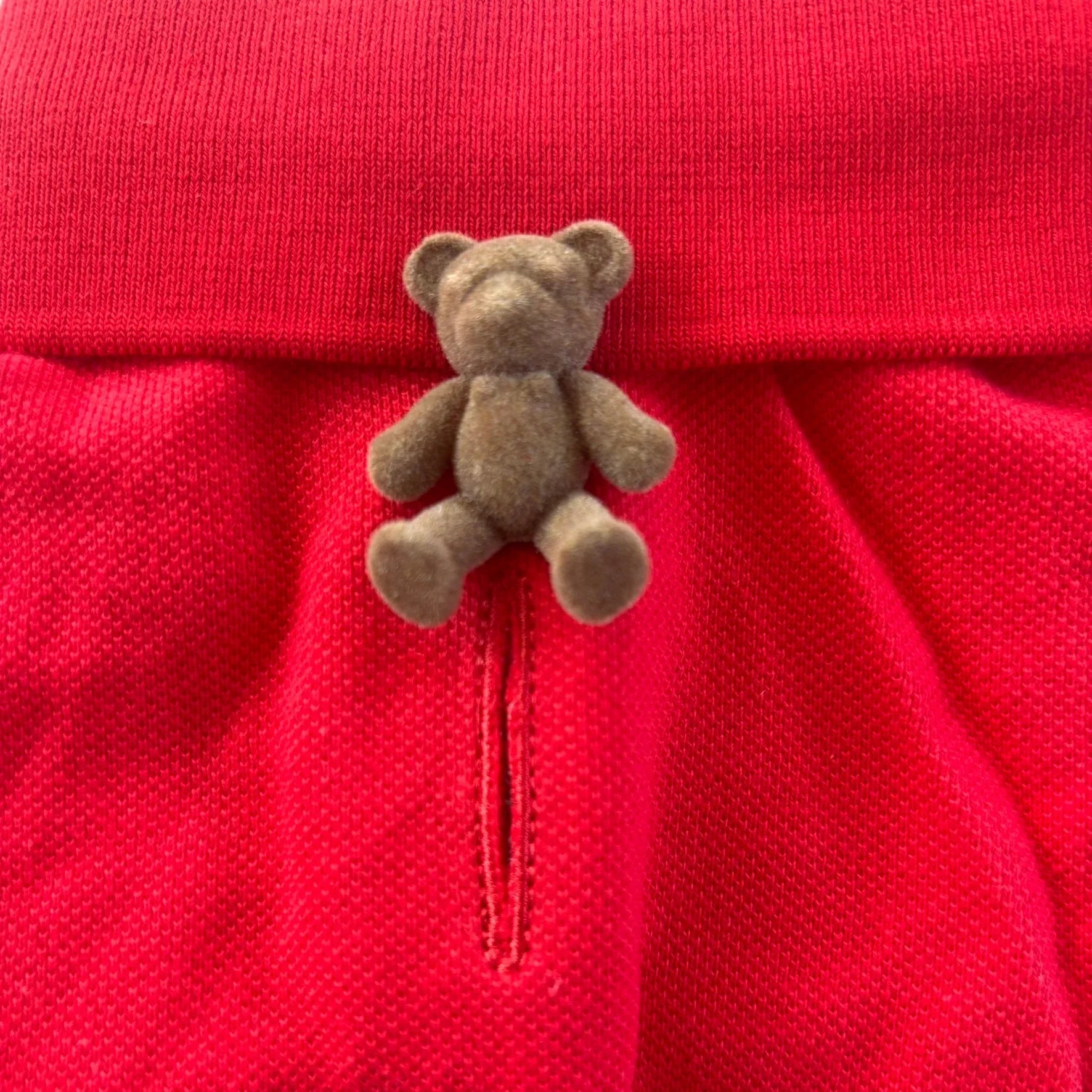 Brown teddy bear patch on red fabric clothing
