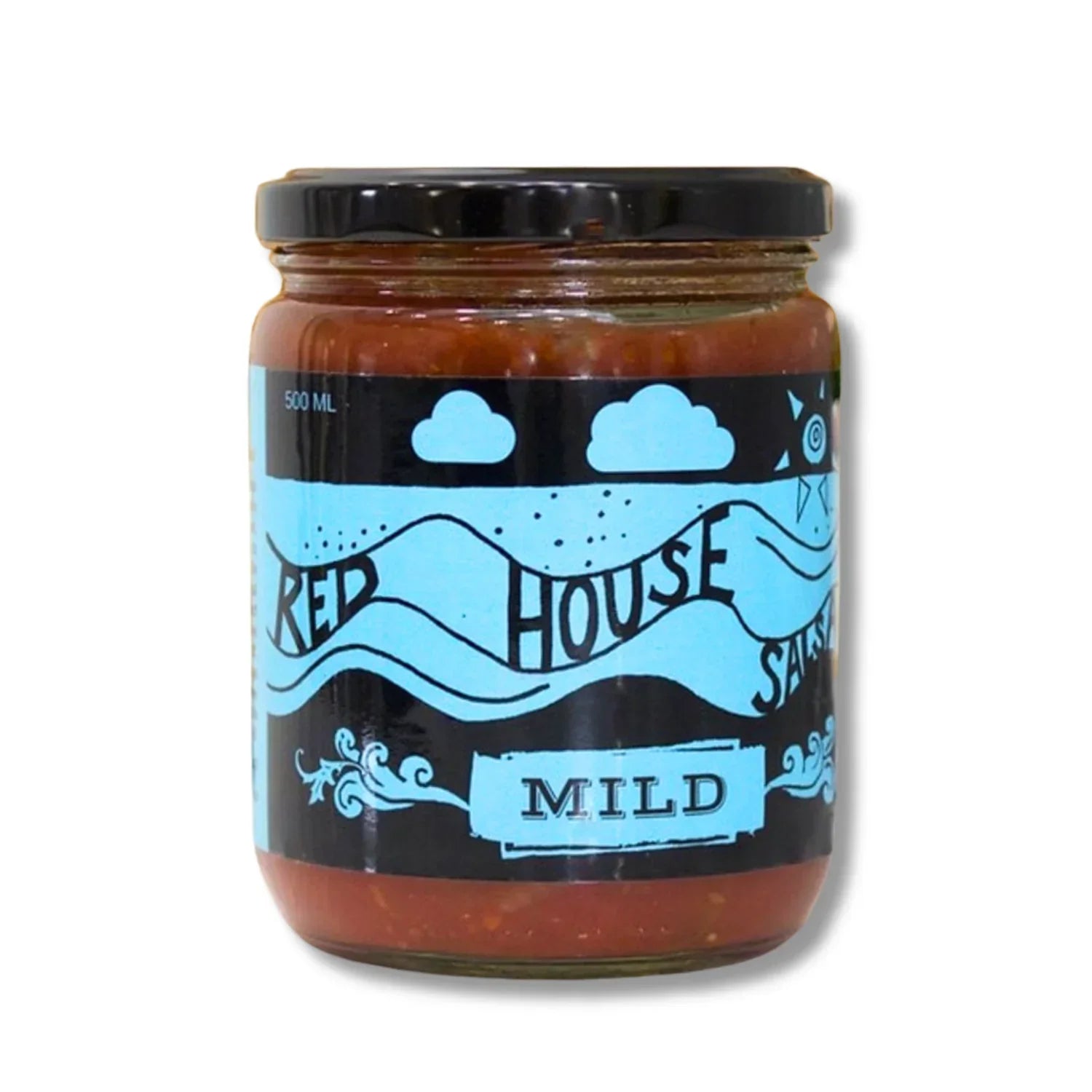 Red House Mild Salsa jar with blue label and black lid on white background
