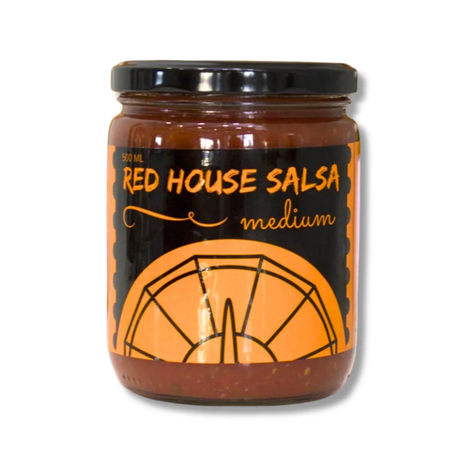 Red House Salsa medium jar with black lid and orange label, 500ml salsa product