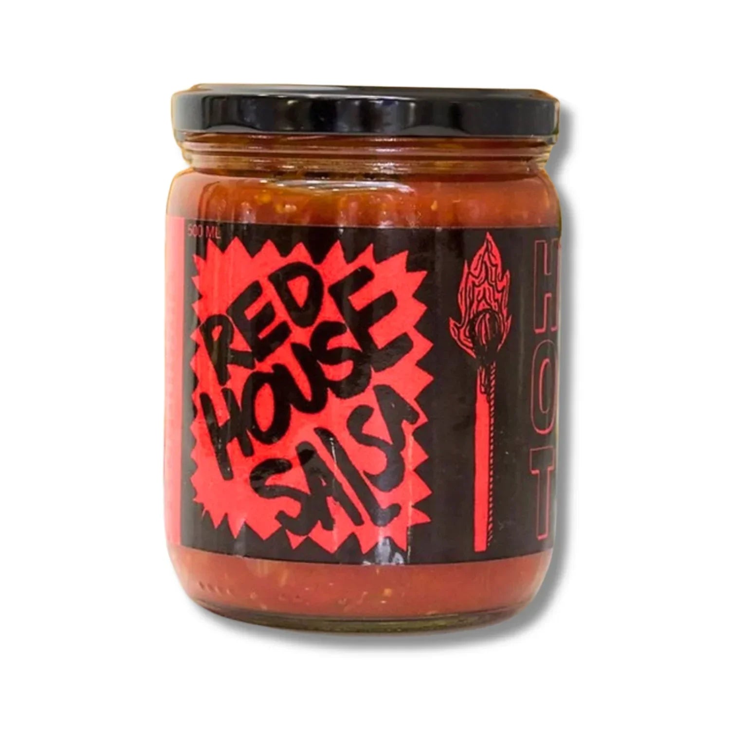 Red House Salsa hot salsa jar with bold red and black label on white background