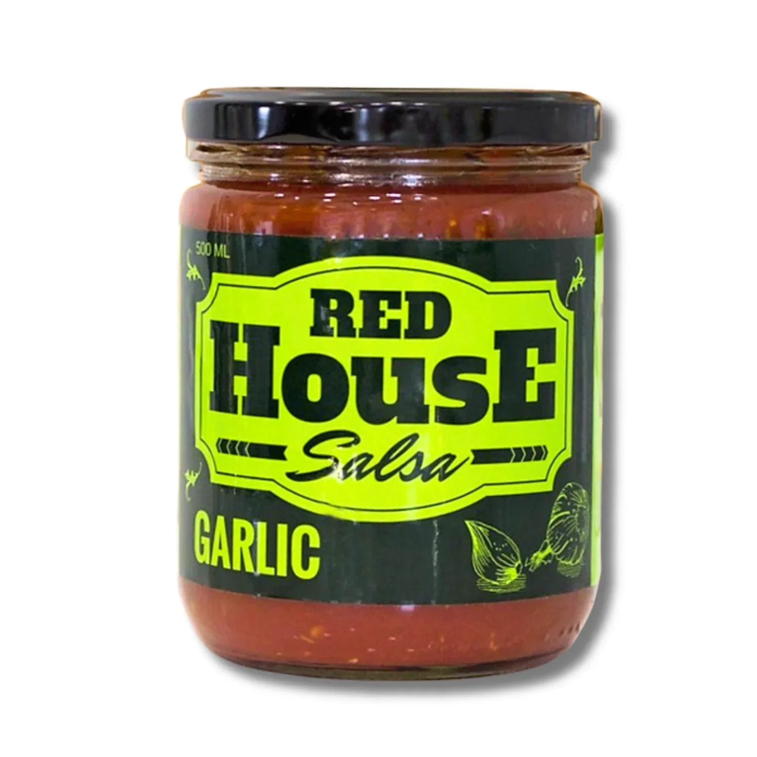 Red House Salsa garlic flavor jar with bold yellow label on white background
