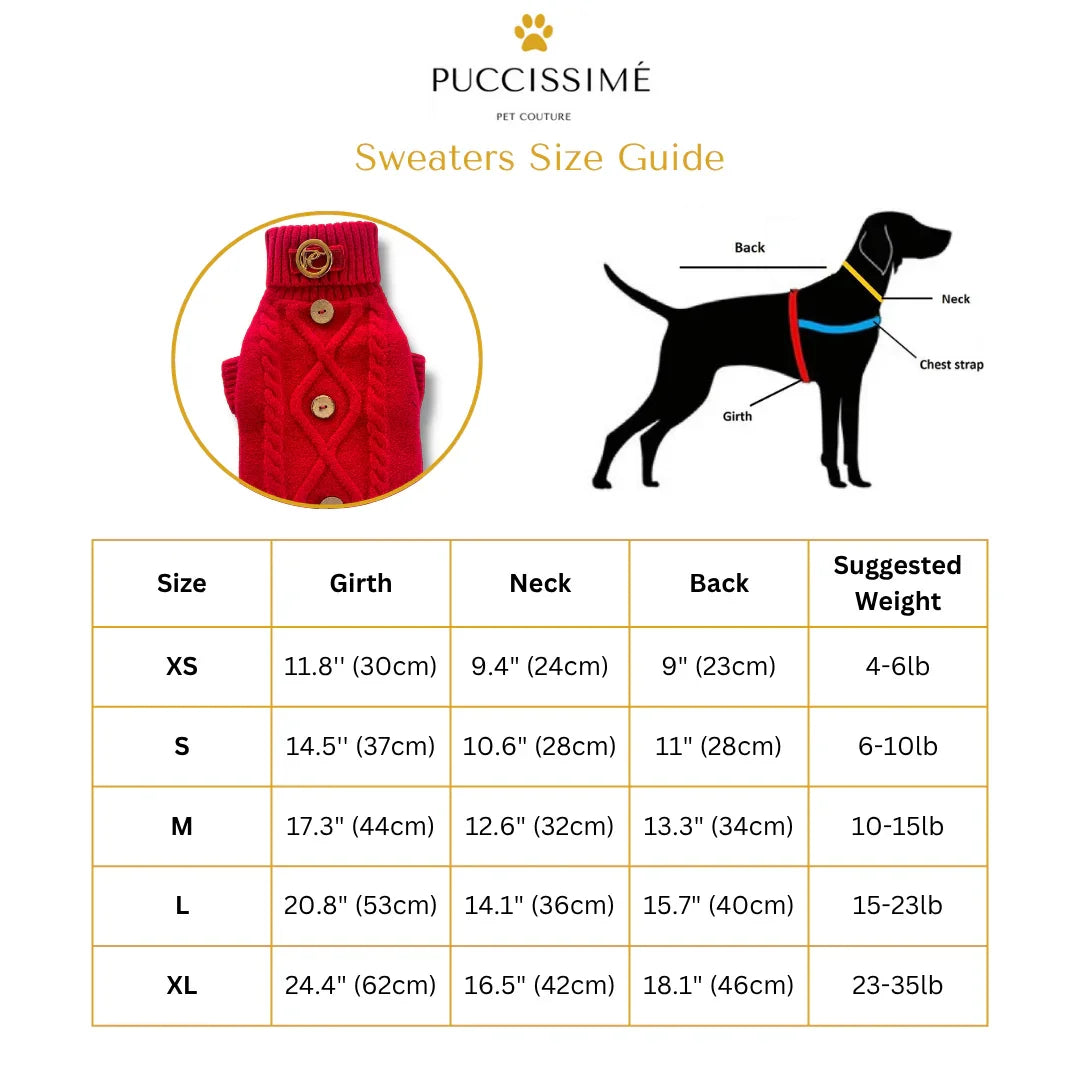 Puccissimé pet sweaters size guide chart with dog sweater, dog diagram, and measurement table.