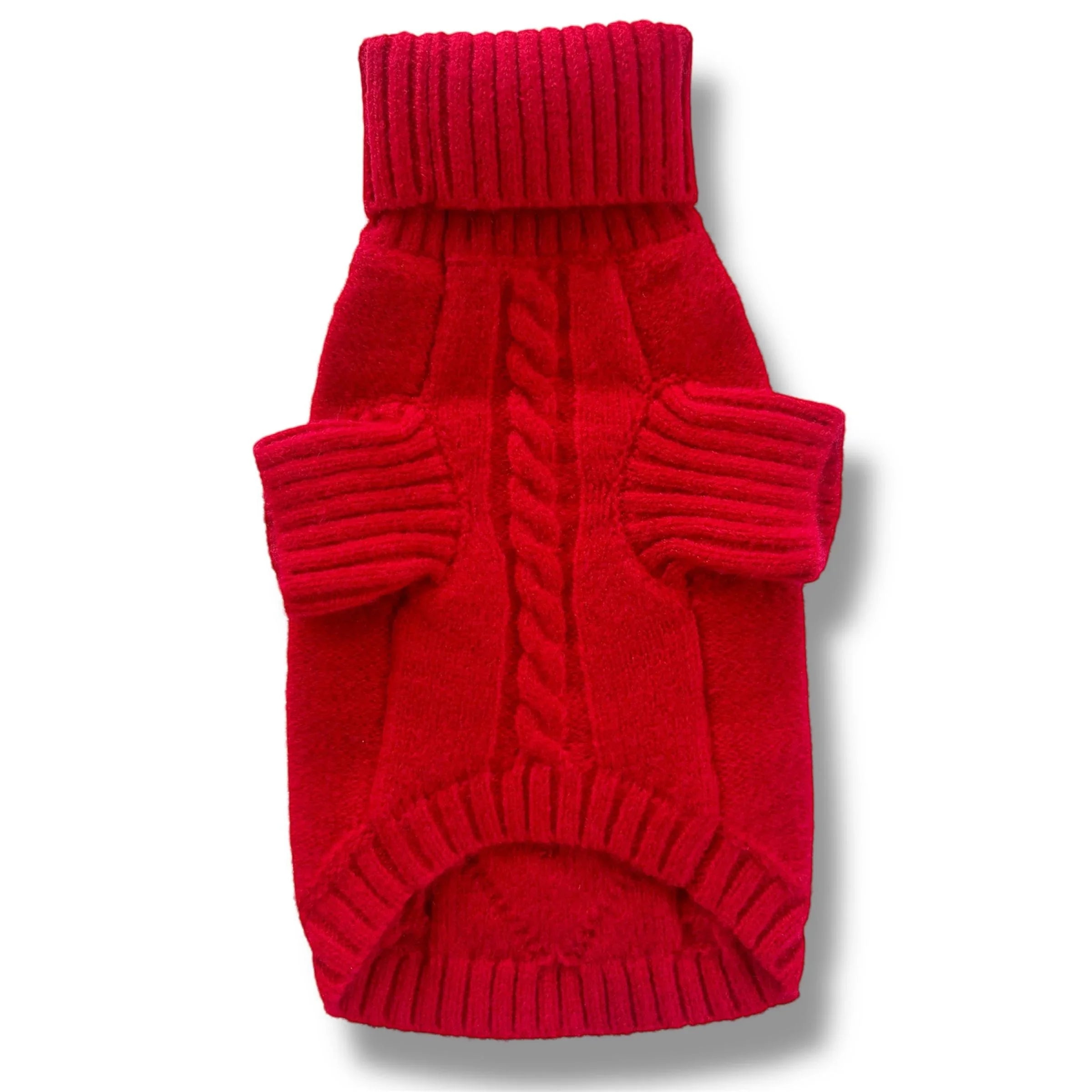 Red cable knit dog sweater with turtleneck and ribbed trim, pet clothing accessory