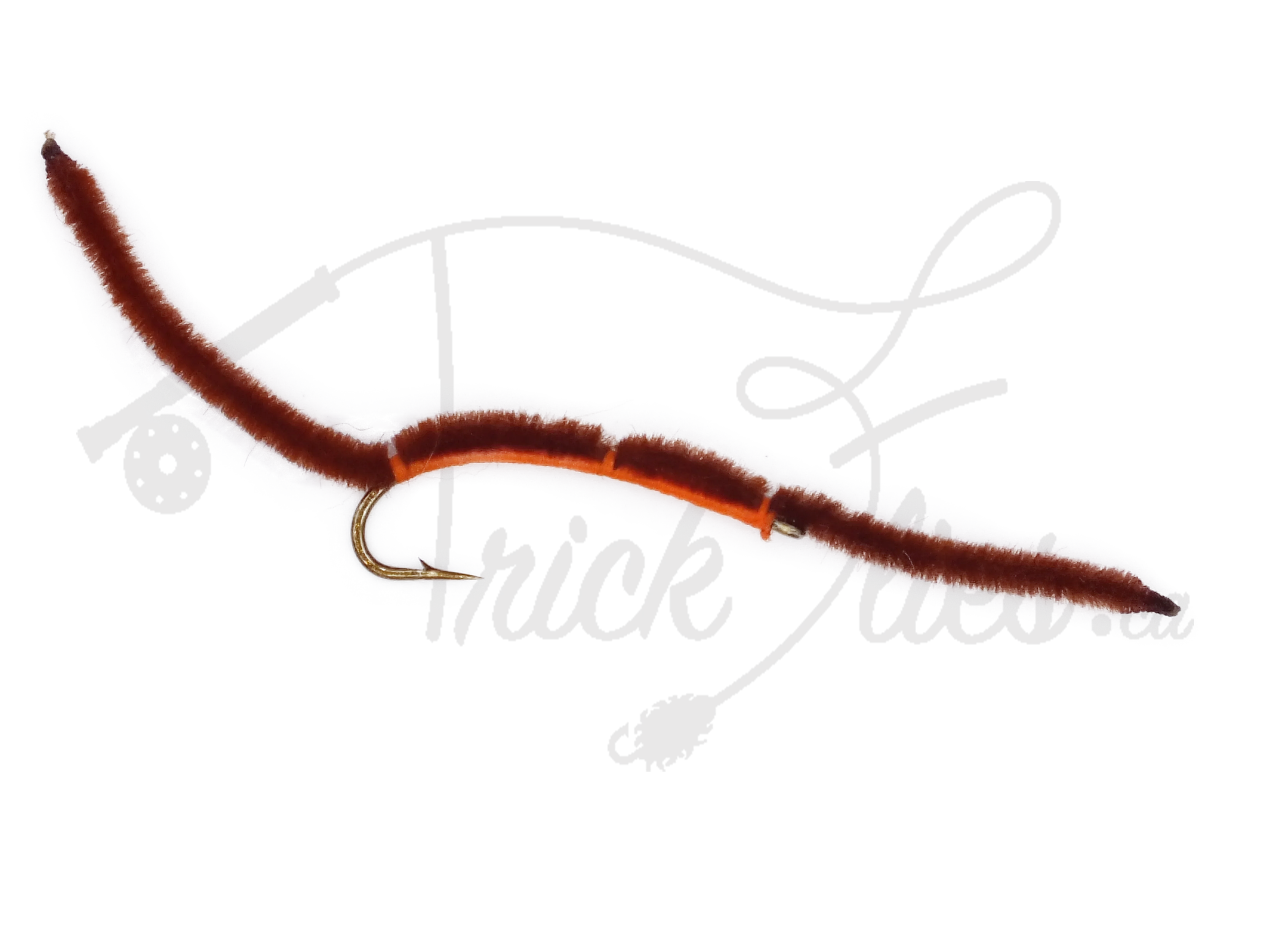Brown and orange worm fly fishing lure with curved hook on white background