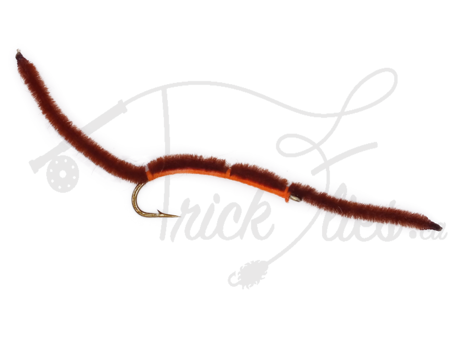 Brown and orange worm fly fishing lure with curved hook on white background