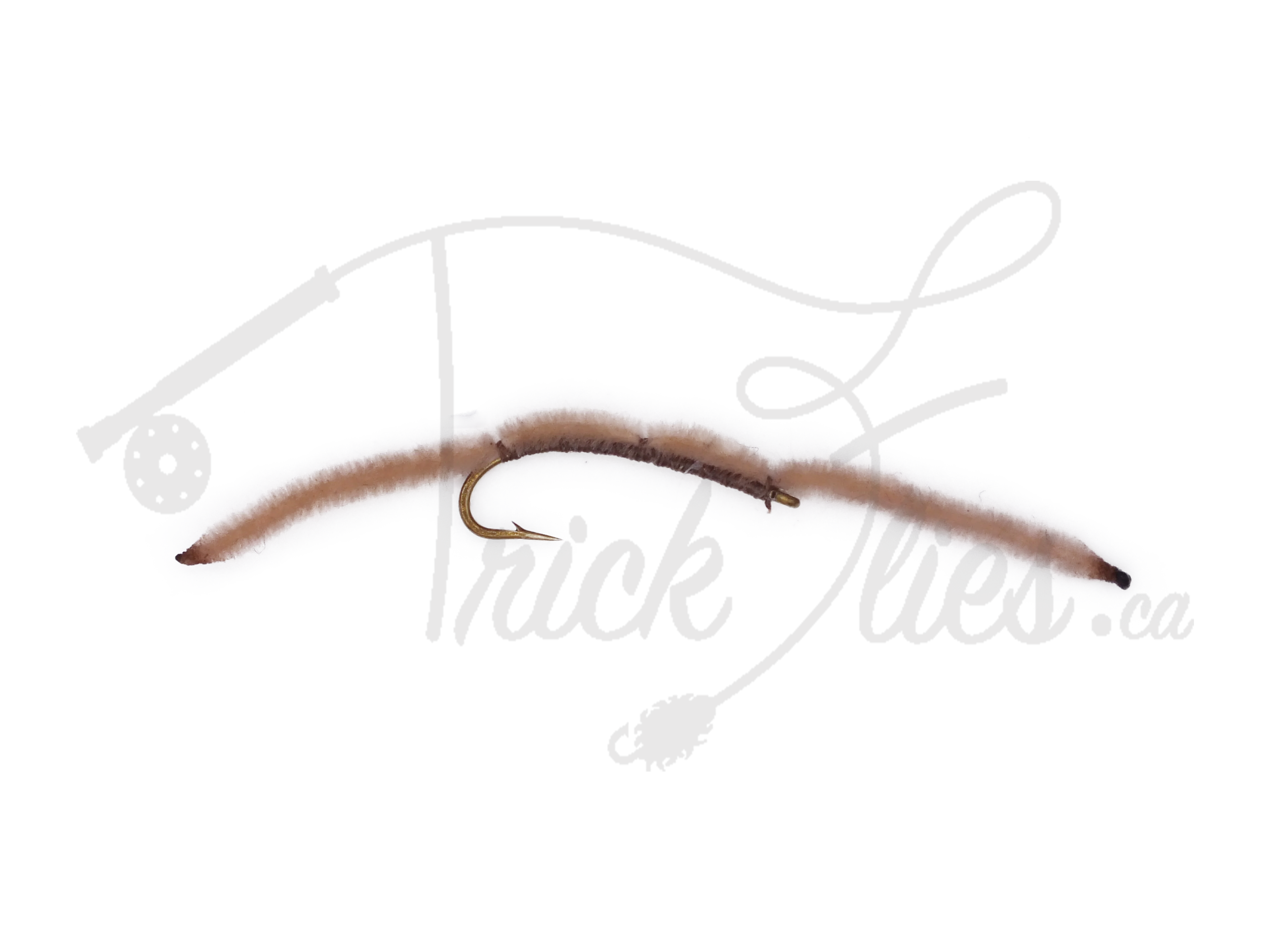 Tan and brown thread worm fishing fly with curved hook on white background