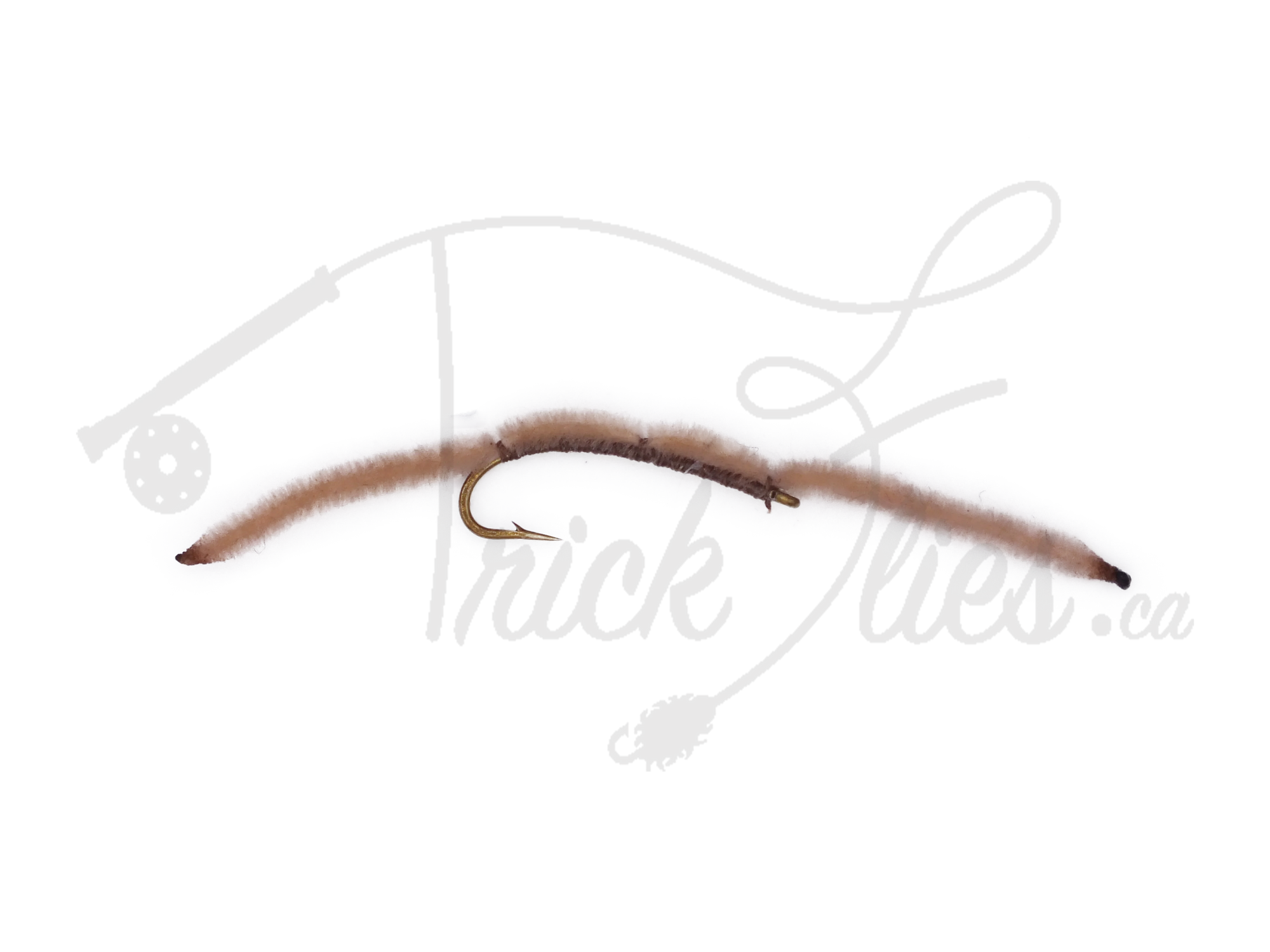 Tan and brown thread worm fishing fly with curved hook on white background