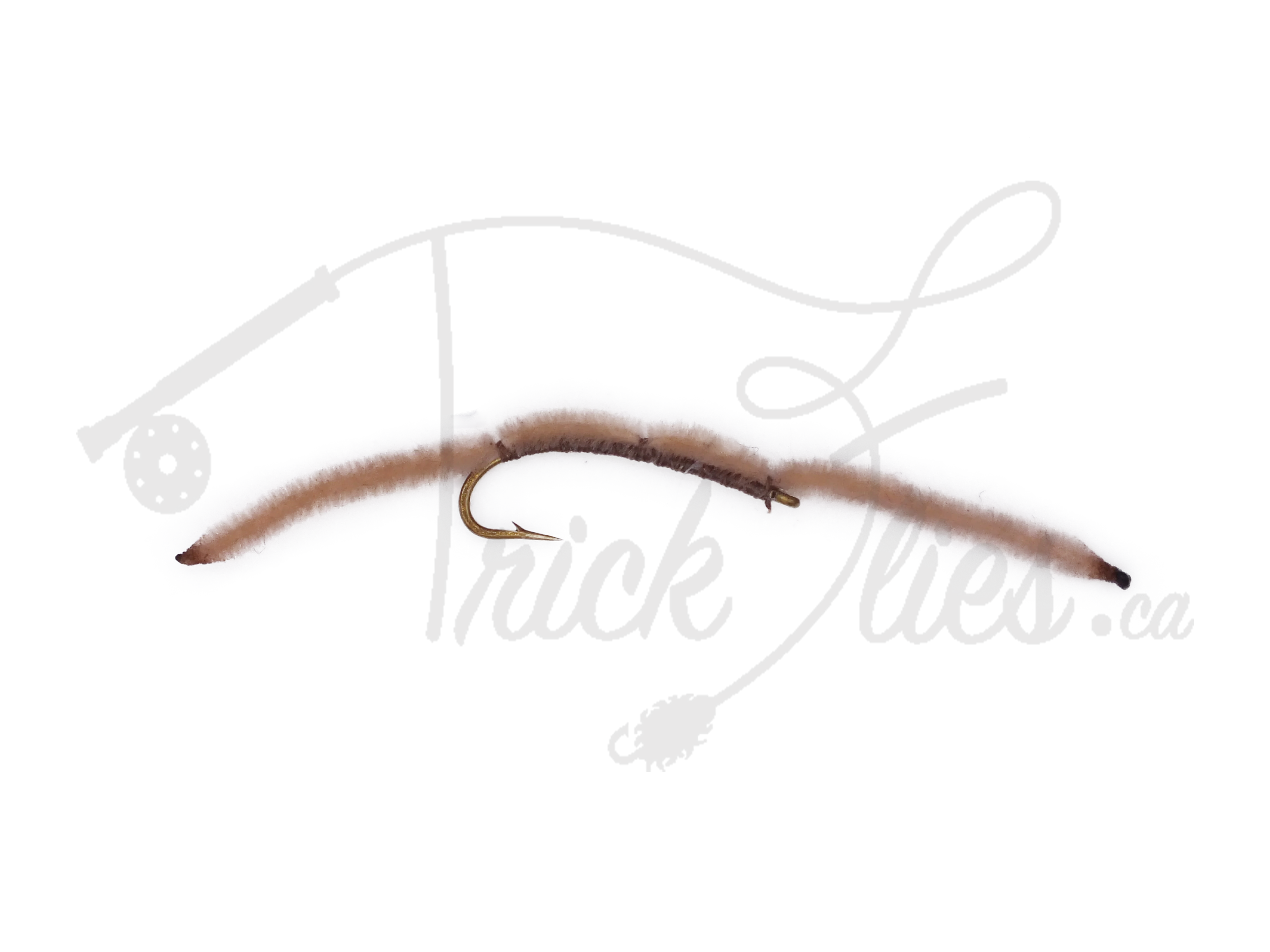 Tan and brown thread worm fishing fly with curved hook on white background