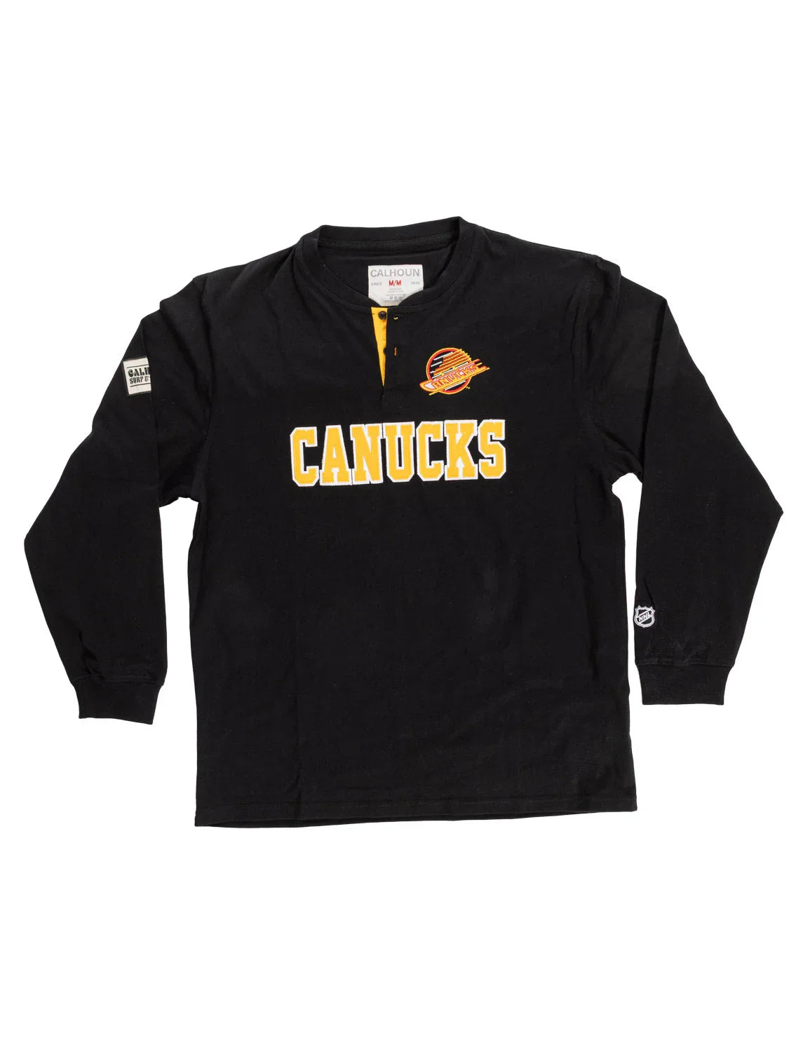 Black Vancouver Canucks henley shirt with yellow logo and long sleeves on white background