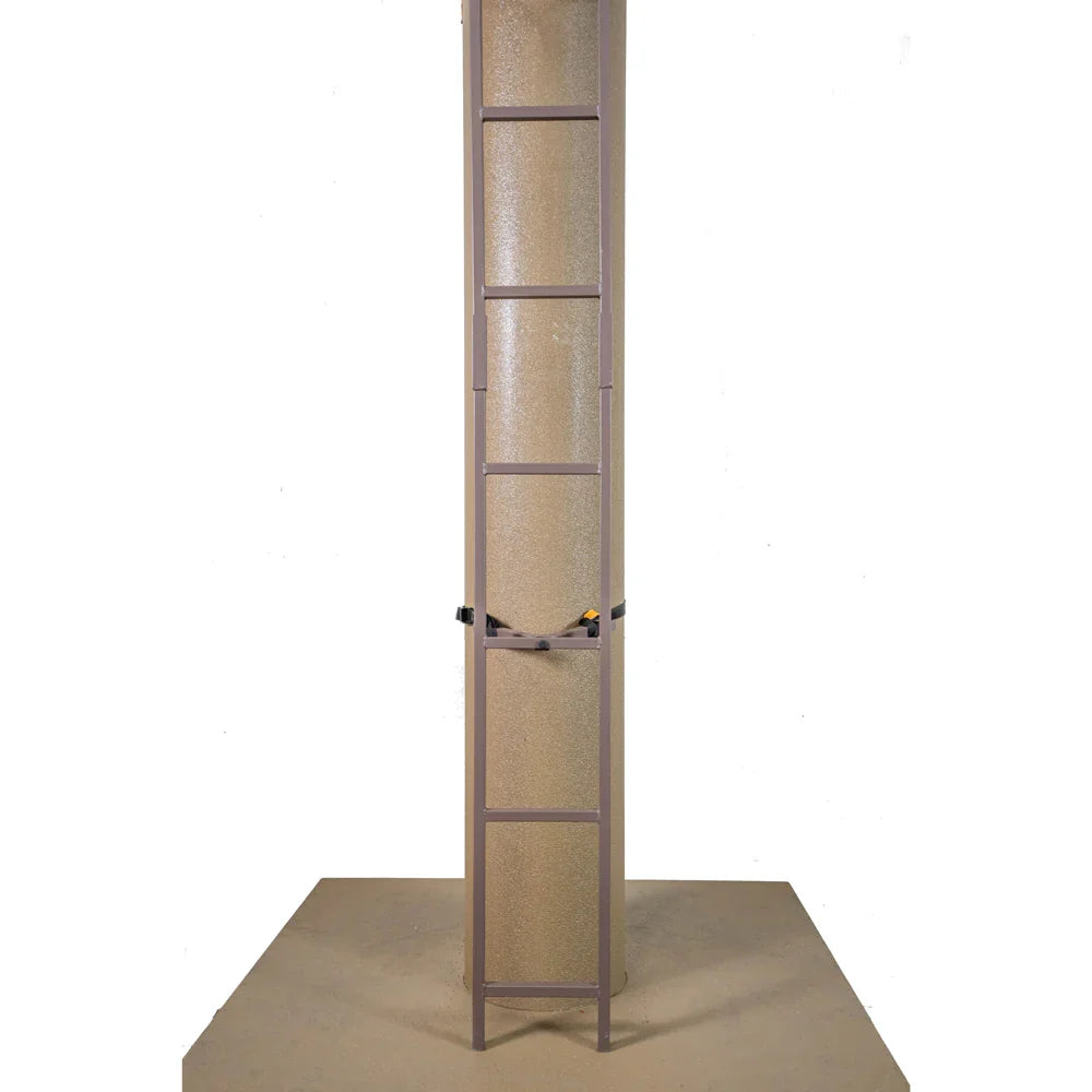 Vertical brown metal ladder strapped to a round textured column on a beige floor