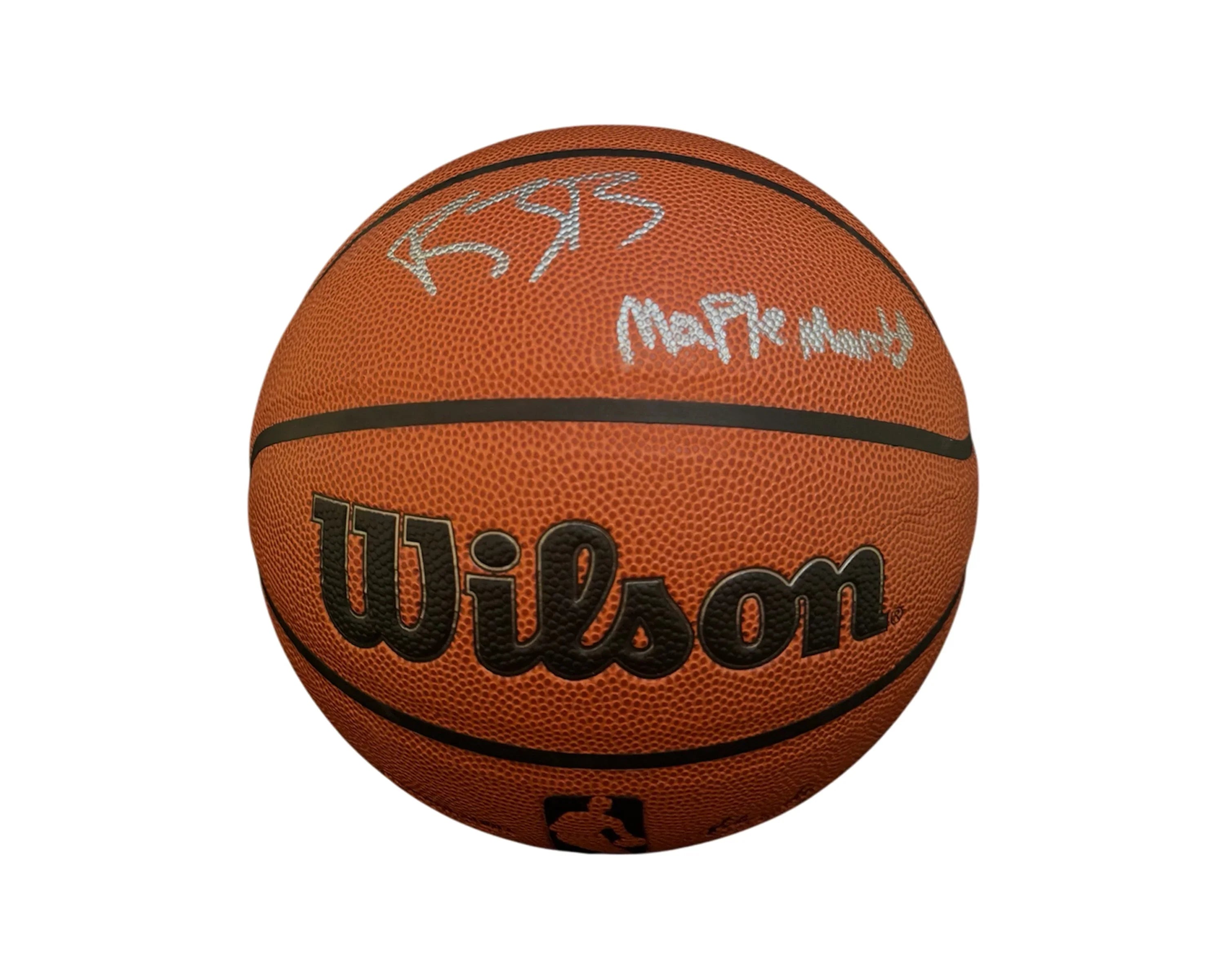 Wilson NBA basketball with silver autograph and "Maple Mamba" inscription on white background