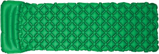 Green inflatable camping sleeping pad with built-in pillow and diamond pattern