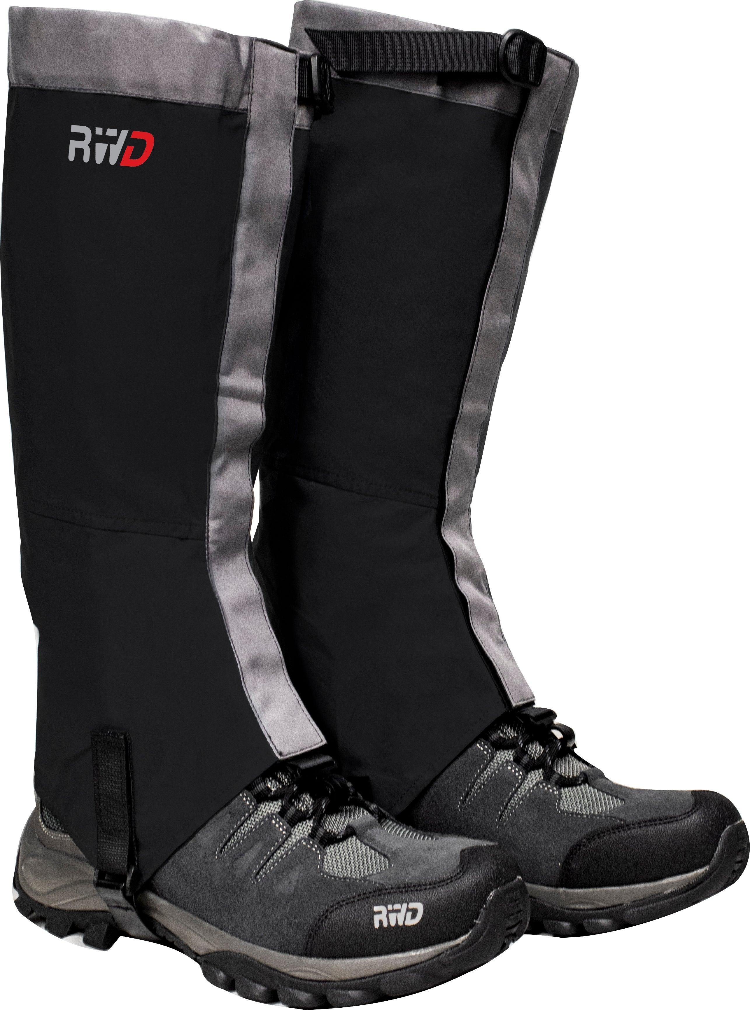 Rockwater Designs Ultralite gaiters in black and gray on hiking boots