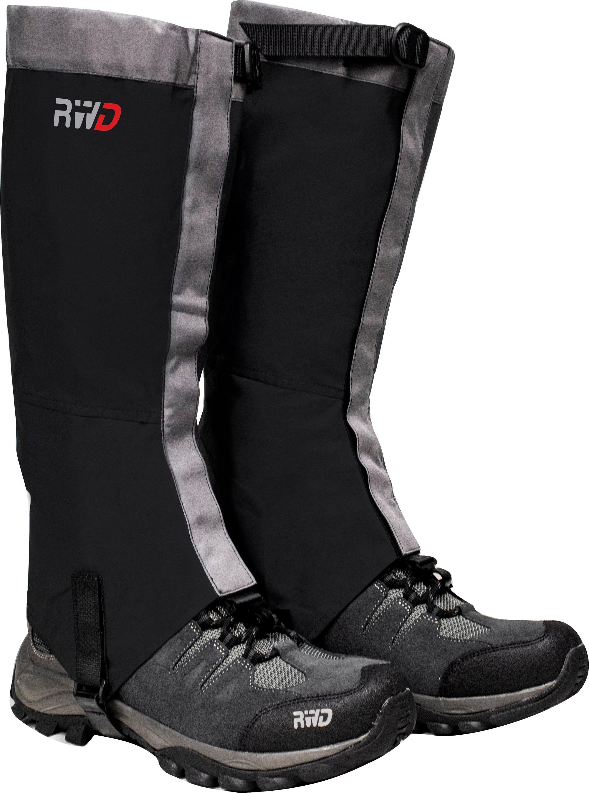Rockwater Designs Ultralite gaiters in black and gray on hiking boots