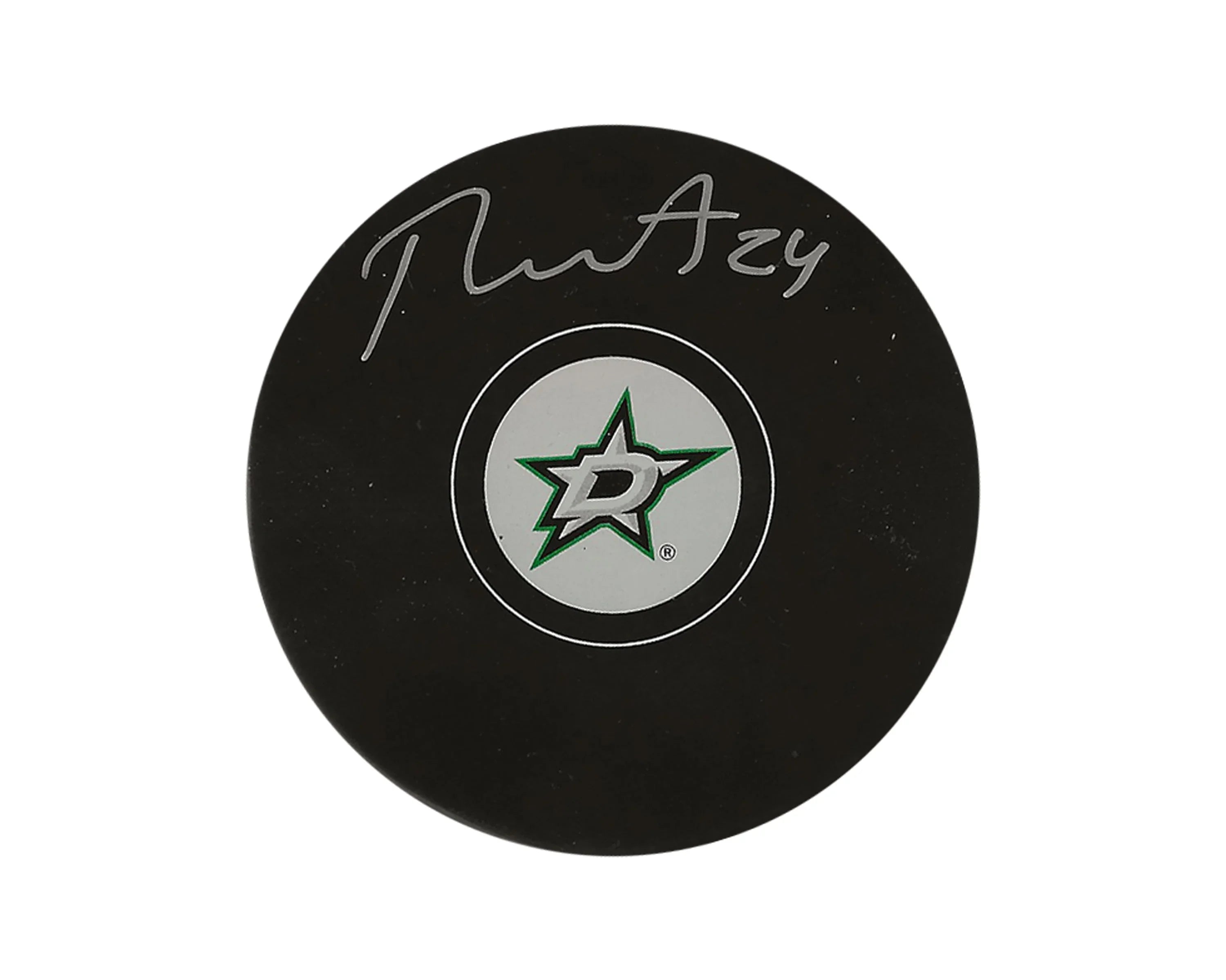 Dallas Stars hockey puck with team logo and silver autograph on black background