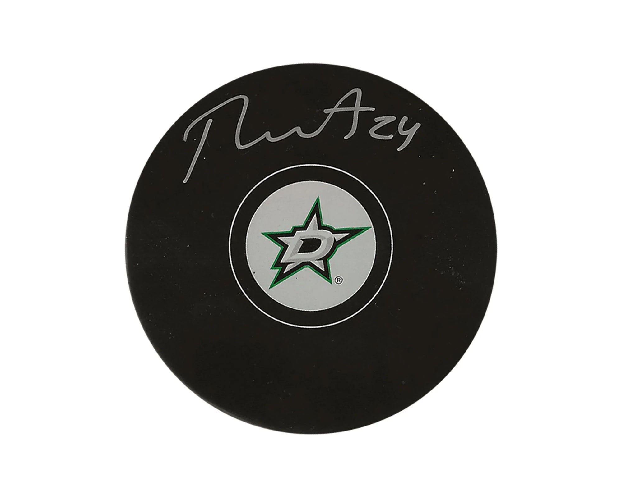 Dallas Stars hockey puck with team logo and silver autograph on black background