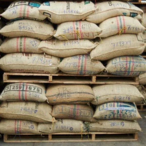 Stacked burlap coffee bean sacks on wooden pallets in a warehouse setting
