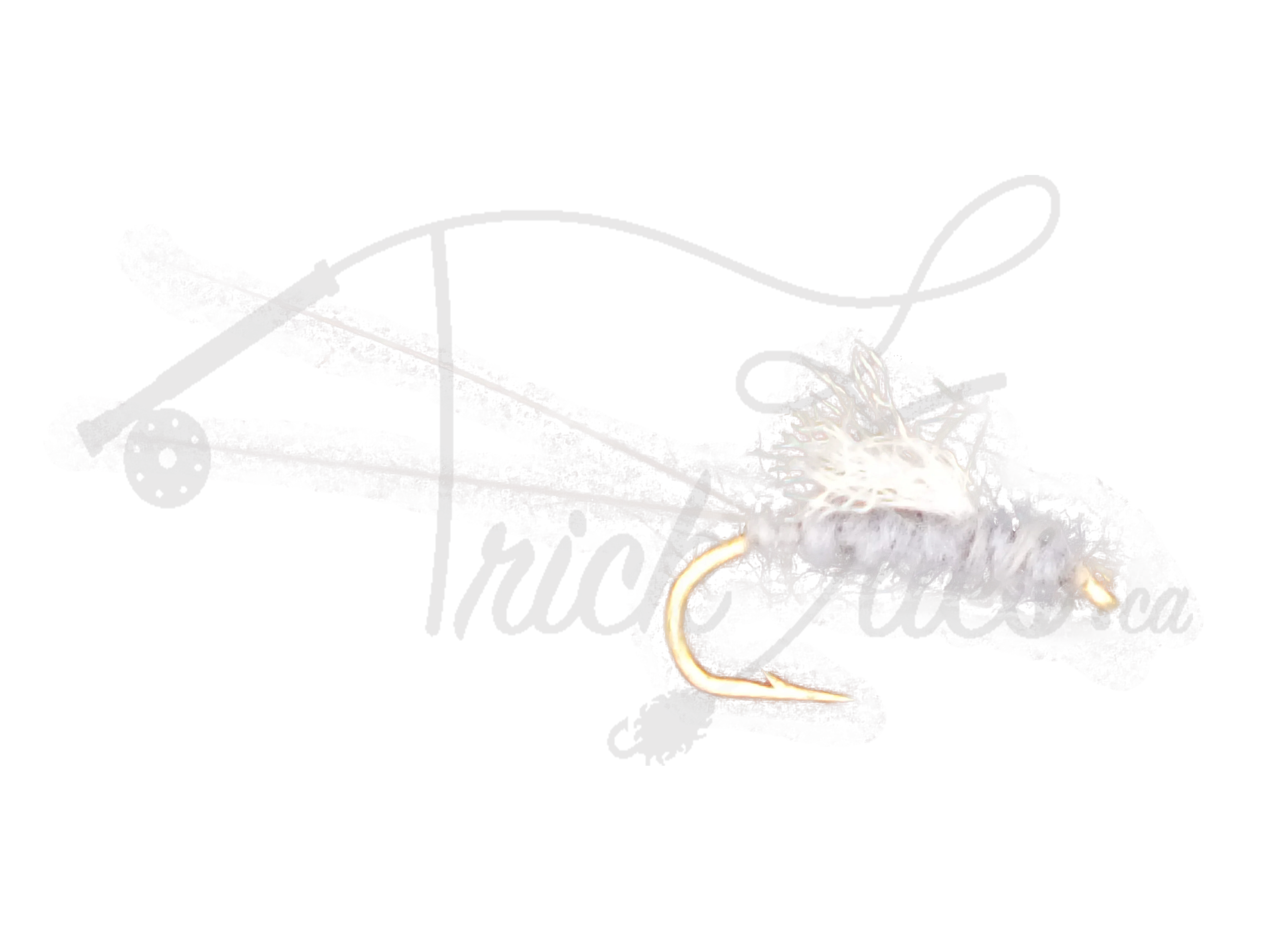 Gray RS2 fly fishing lure with white feather detail and gold hook on white background